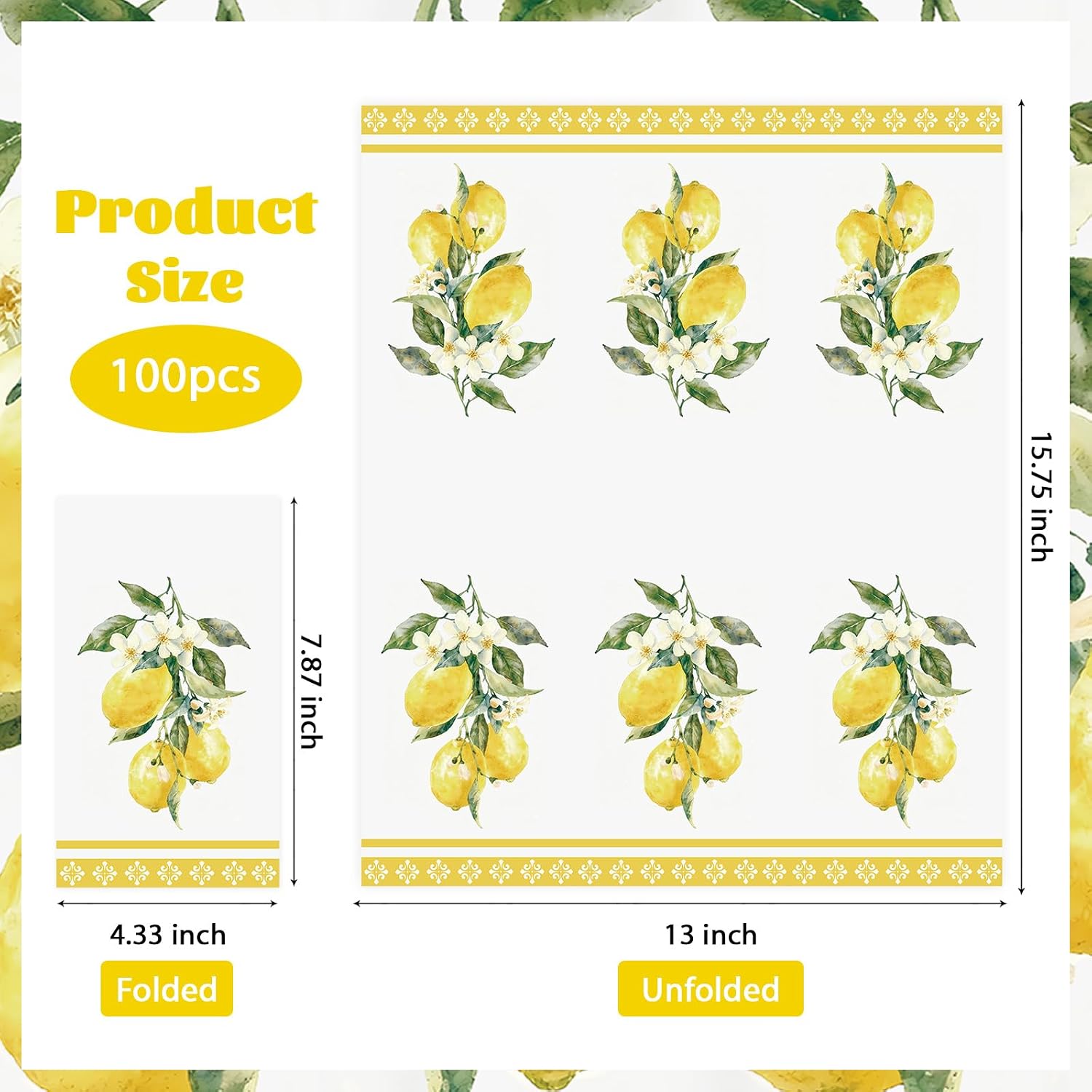 100Pcs Lemons Paper Napkins 3 Ply Watercolor Yellow Lemons Napkins Yellow Summer Fruit Theme Disposable Paper Guest Towels for Bathroom Anniversary Wedding Bridal Shower Birthday Italian Theme Party