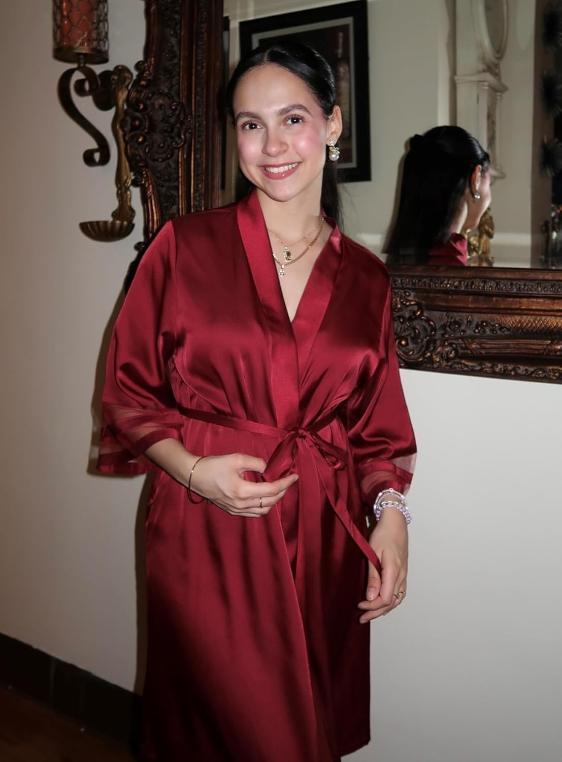 Ekouaer Women's Satin Robe Silk Kimono Bathrobe Bridesmaid Wedding Bridal Party Robes 3/4 Bell Sleeve Sleepwear S-XXL - Image 3