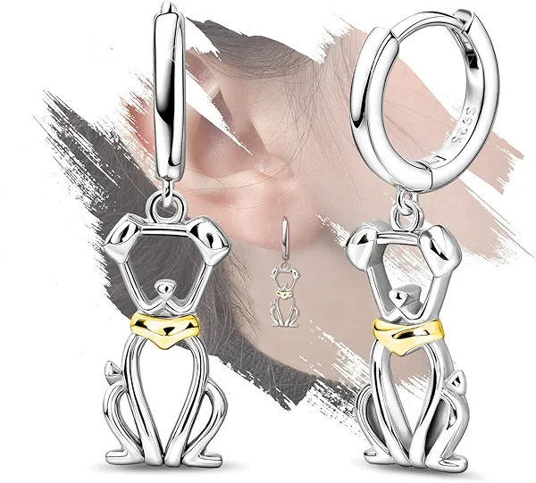 Dog Earrings for Teens Girls Women - Sterling Silver Gold Cute Animal Hoop Earrings Hypoallergenic Lightweight Lovely Pet Puppy Loop Earring for Sensitive Ears Gifts for Christmas