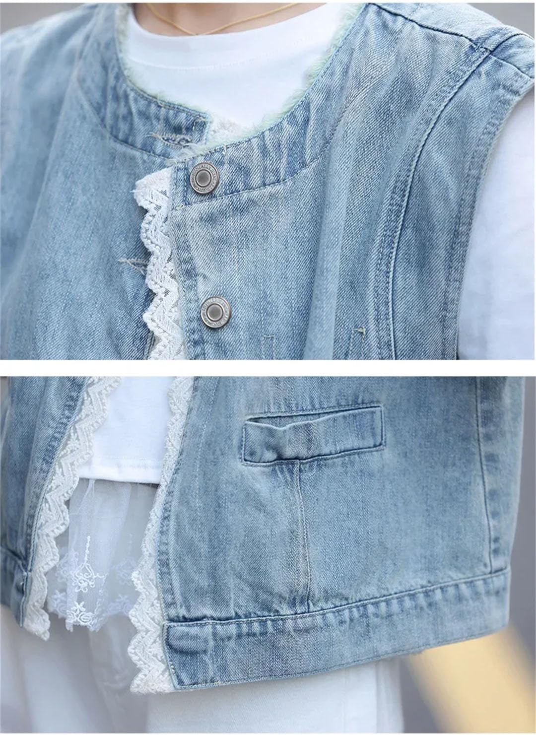 Women Spring Loose Round Neck Denim Lace Trim Vest Sleeveless Outerwear Jacket For Splicing Design