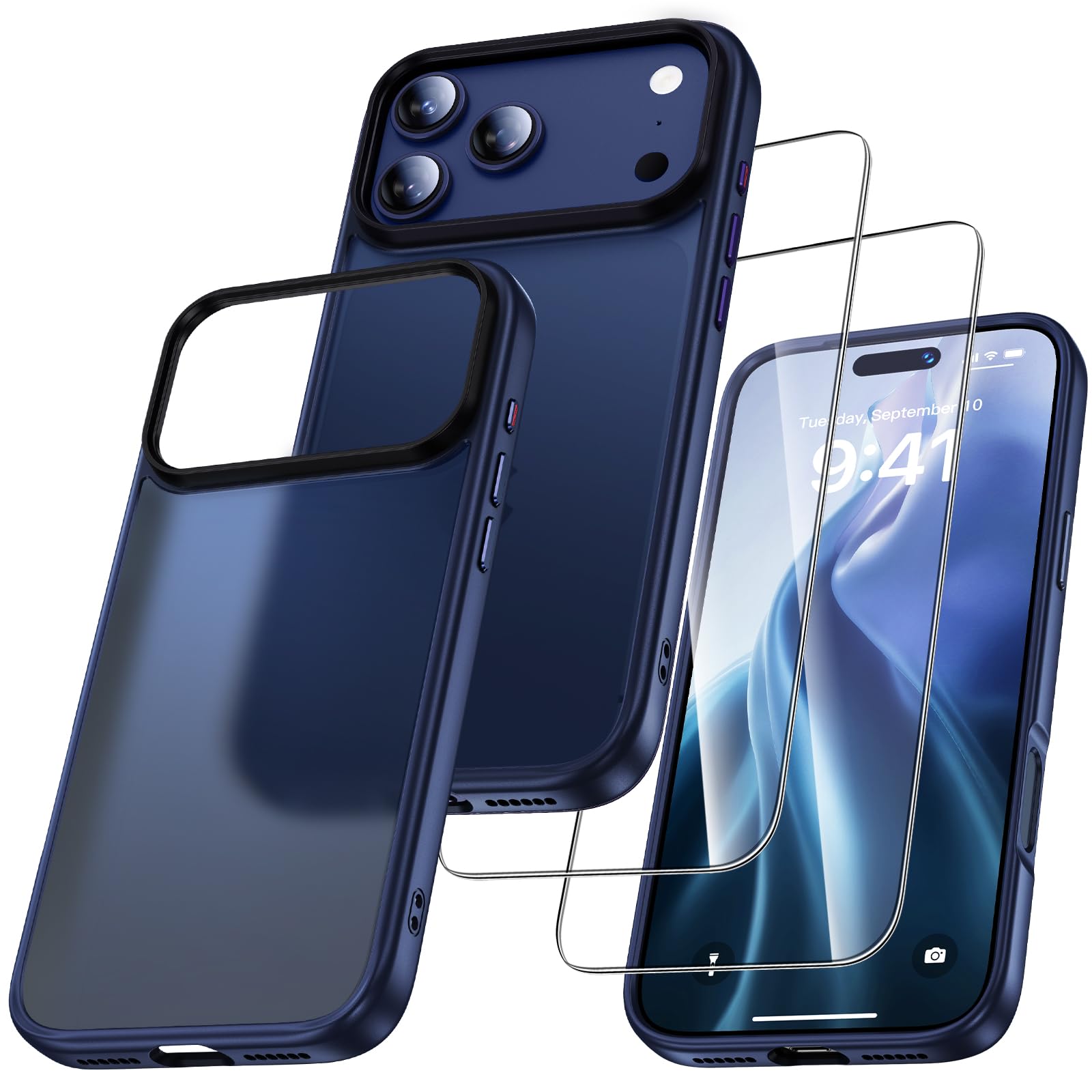UniqueMe für iPhone 17 Pro Max Hülle - Handyhülle für iPhone 17 Pro Max Case, Rundumschutz Hülle Set Schutzhülle Cover, 1 Handyhülle & 2 Schutzfolie - Matt Blau