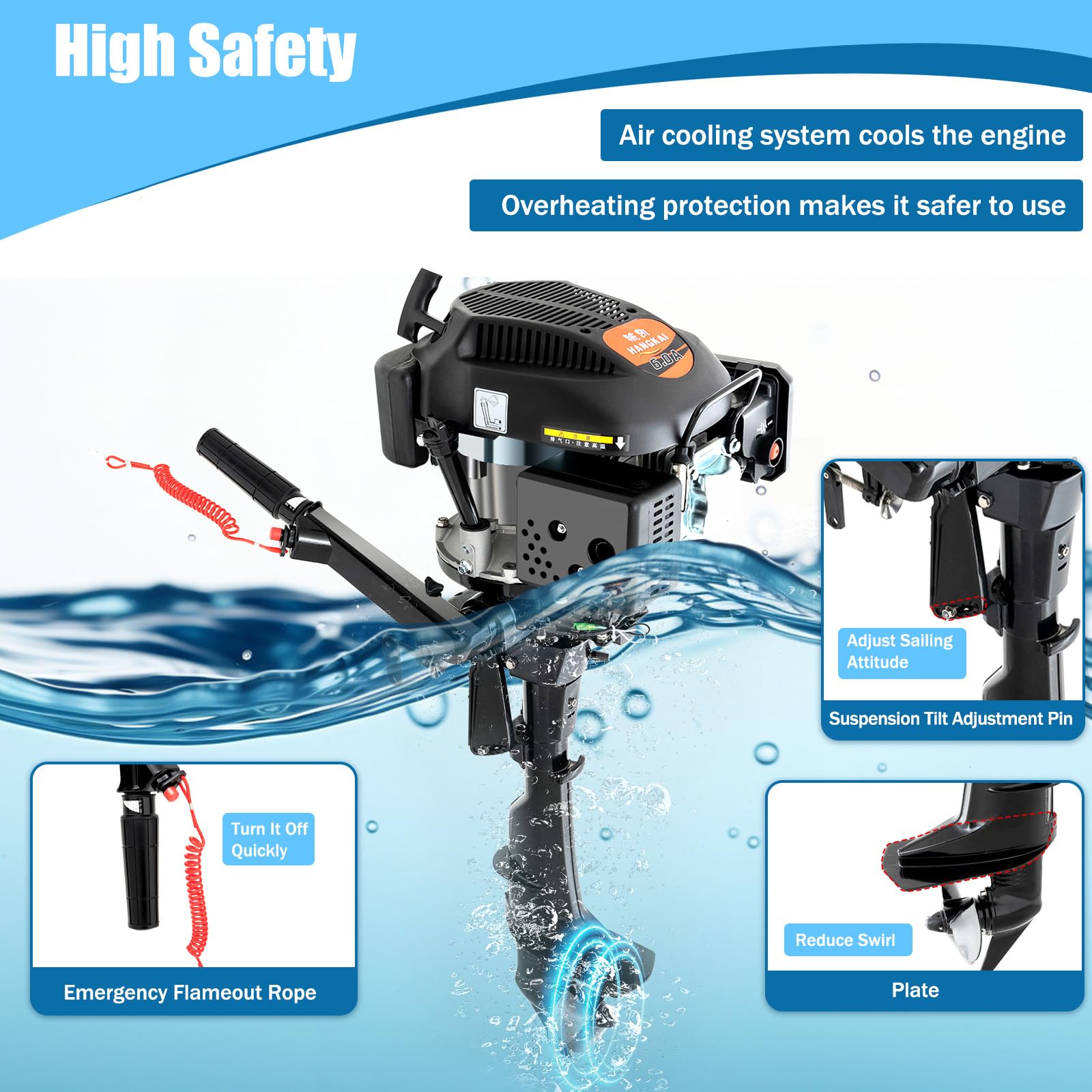 Motore fuoribordo a 4 tempi, 6 CV, 140 cc, raffreddato ad aria, per gommoni, barche da pesca, con avviamento manuale e sterzo a 360°