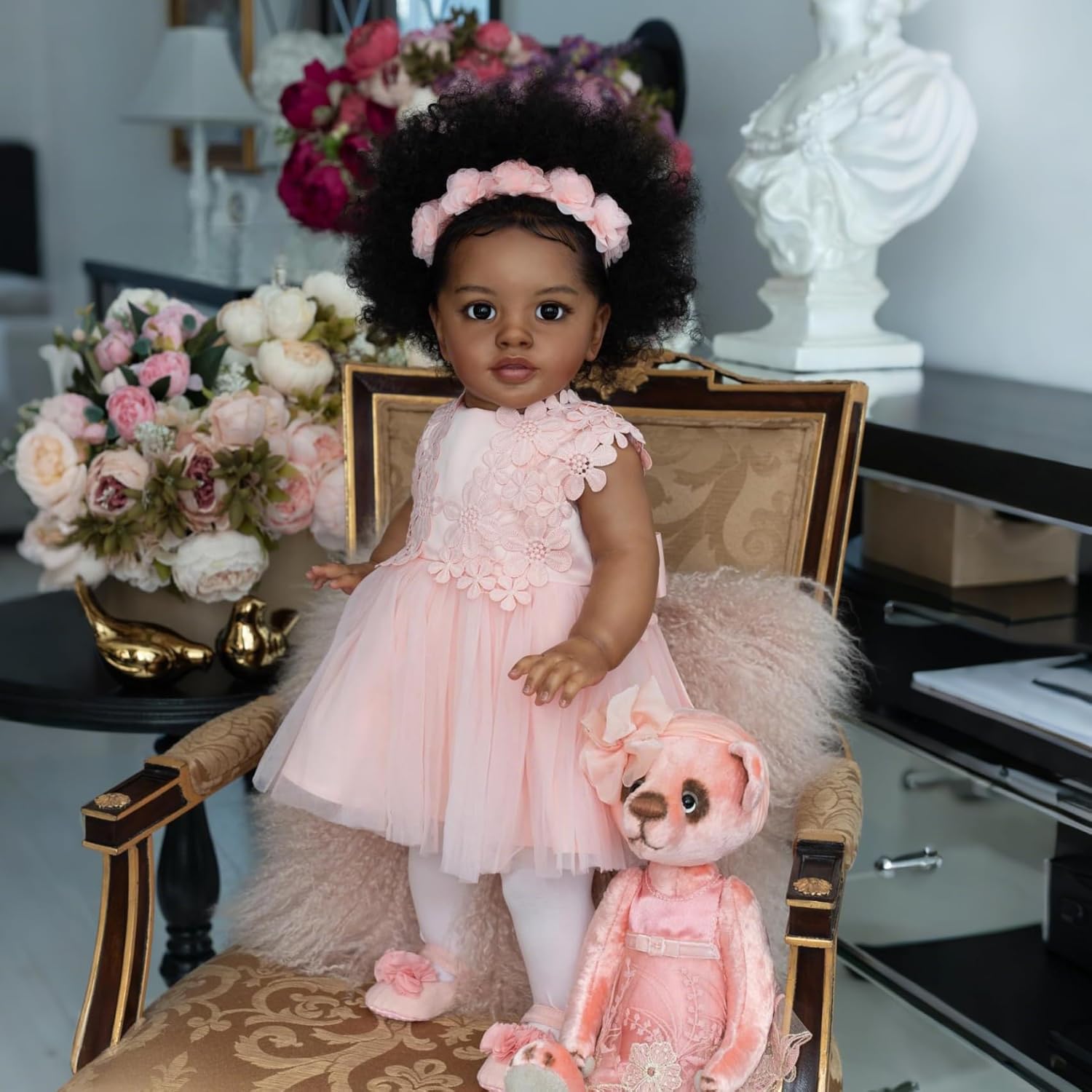 iCradle Reborn Toddler Dolls 26 inch 68 cm Black Biracial Reborn Baby Doll - African American & Biracial Mixed-Race Skin, Curly Rooted Hair & Standing Pose Feeding Kit & Gift for Kids