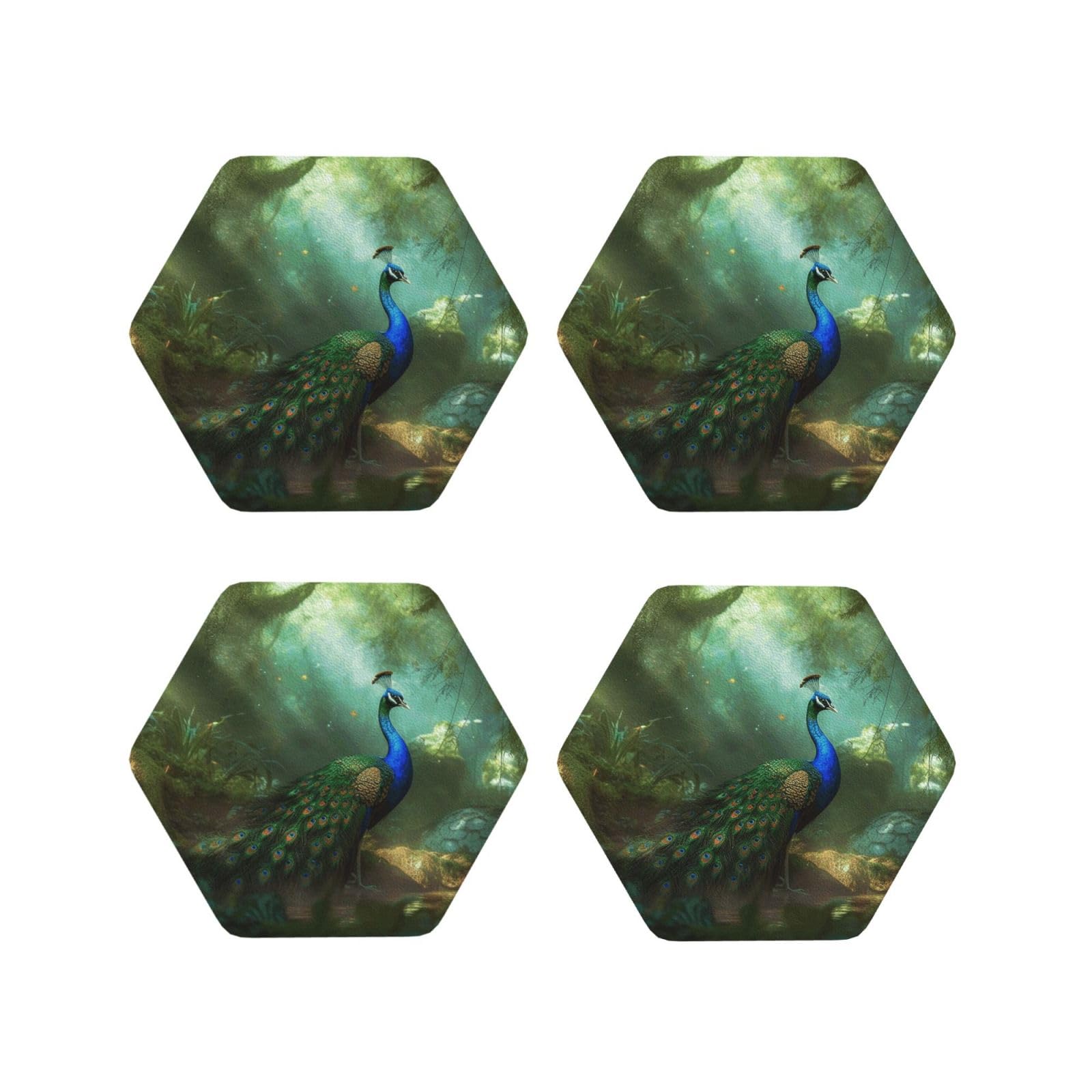 4pcs Drink Coasters for Tabletop Protection, 4" Leather Coasters for Drinks, Peacock Cup Coasters for Coffee Table Decor, Non-Slip Drinking Cup Mat for Hot Or Cold Drink
