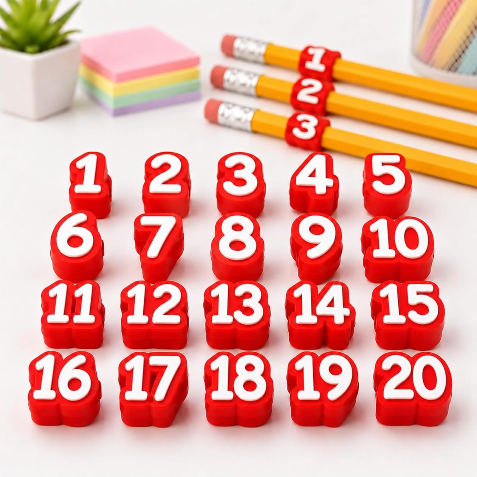20 Pcs Numbered Pencil Toppers 1-20, Pencil Tracking Markers for Supply Stations and School Organization, Reusable Classroom Pencil Labels for Teachers﻿ (Red)