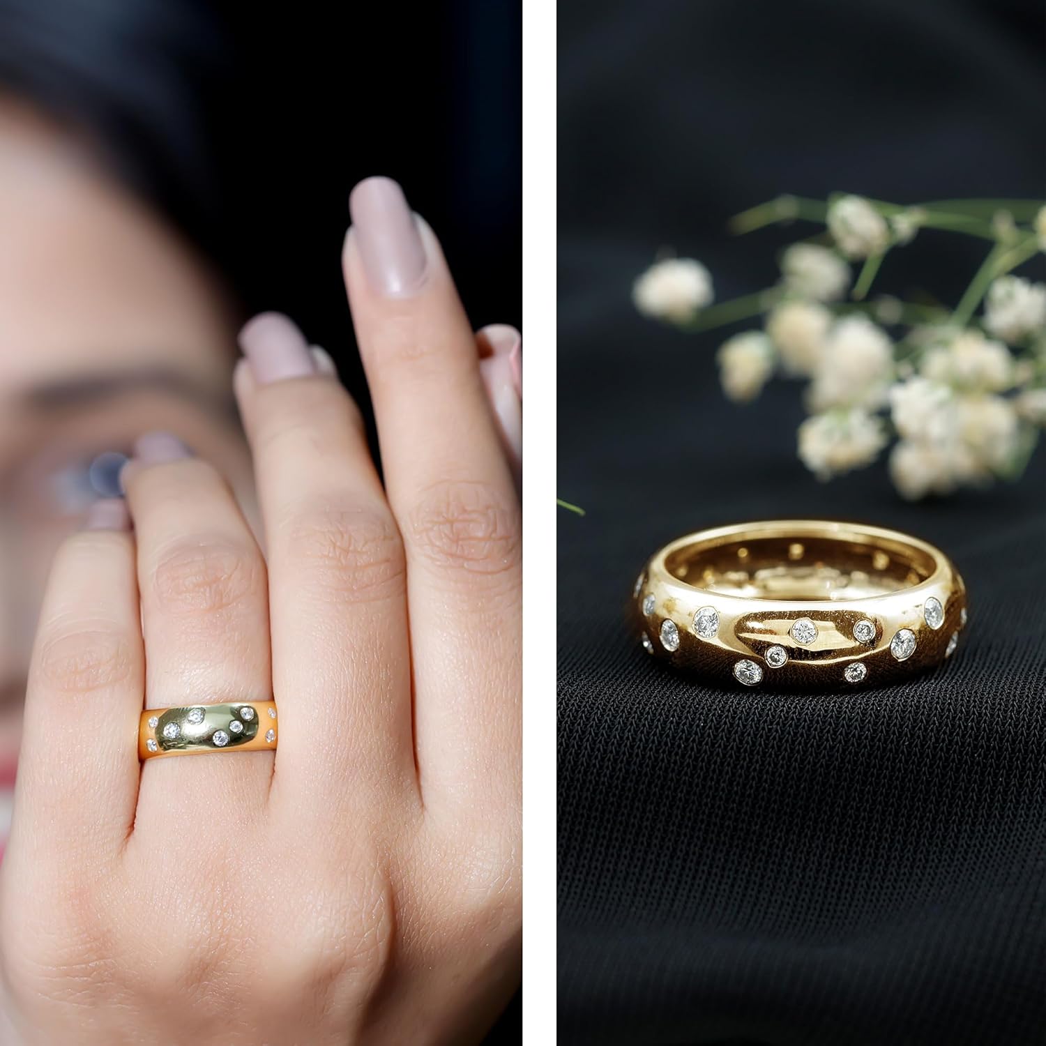 Certified Moissanite Thick Wedding Band, D-Vs1 Quality, Yellow Gold Moissanite Wide Ring - Gift For Special Occasions