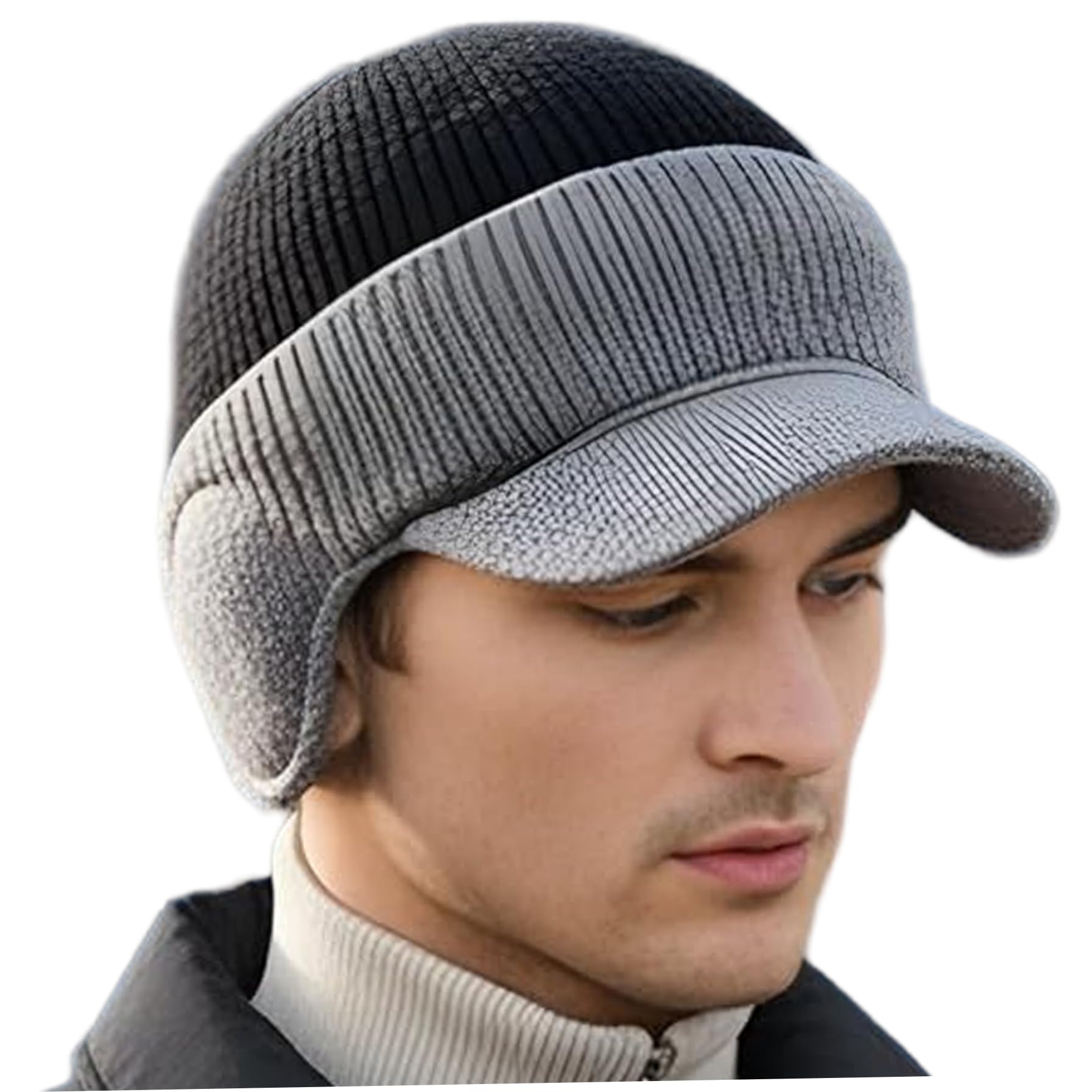 Monetais Unisex Black Beanie With Brim Warm Fleece Lined Winter Hat With Ear Flaps Windproof Knitted Hat For Cold Weather Outdoor