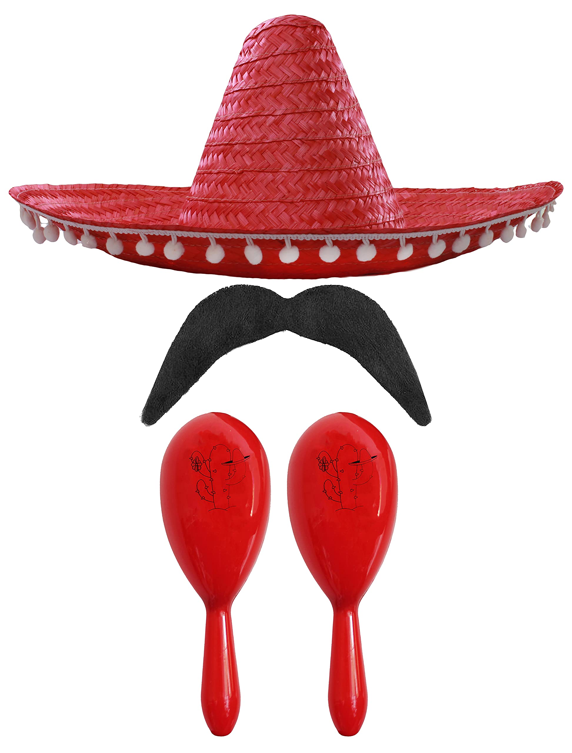 Adults Mexican Accessory Set - Natural Mexican Sombrero, Red Maracas, Moustache - Mexican Cinco de Mayo Sensorita Bandit Mariachi Fancy Dress Costume Accessory Set