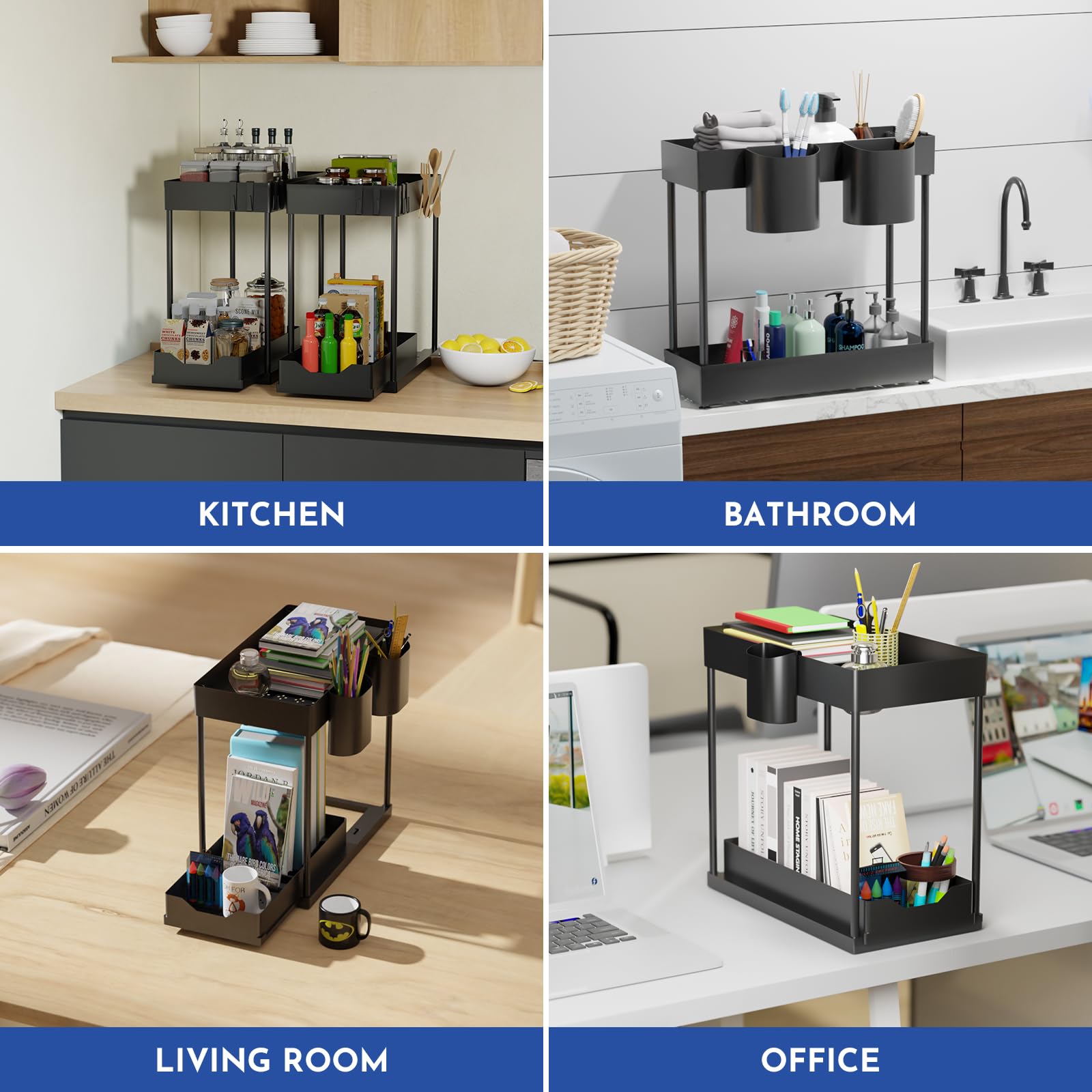 Cinnani Rangement sous Evier Cuisine à 2 Niveaux Lot de 3,Étagère sous Évier Rack avec 12crochet et 3gobelet Suspendu,Coulissant Organiseur sous Évier Etagere Tiroir,Noir
