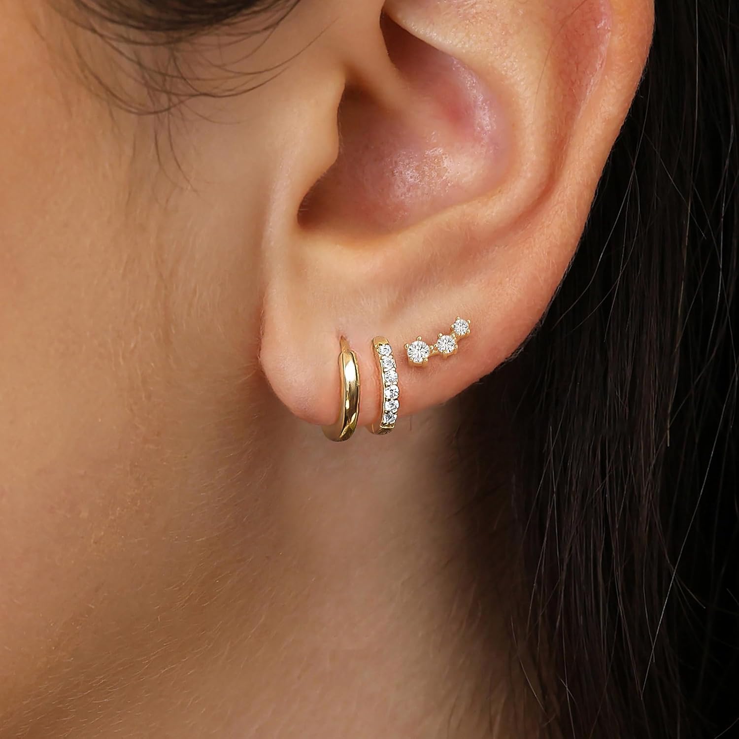 Risamil 14K Gold Plated 3 Pairs Earrings for Women Dainty Small Hoop Set Cute Cz Stud Huggie Flat Back Trendy Cartilage Earring Jewelry Gift - Image 5