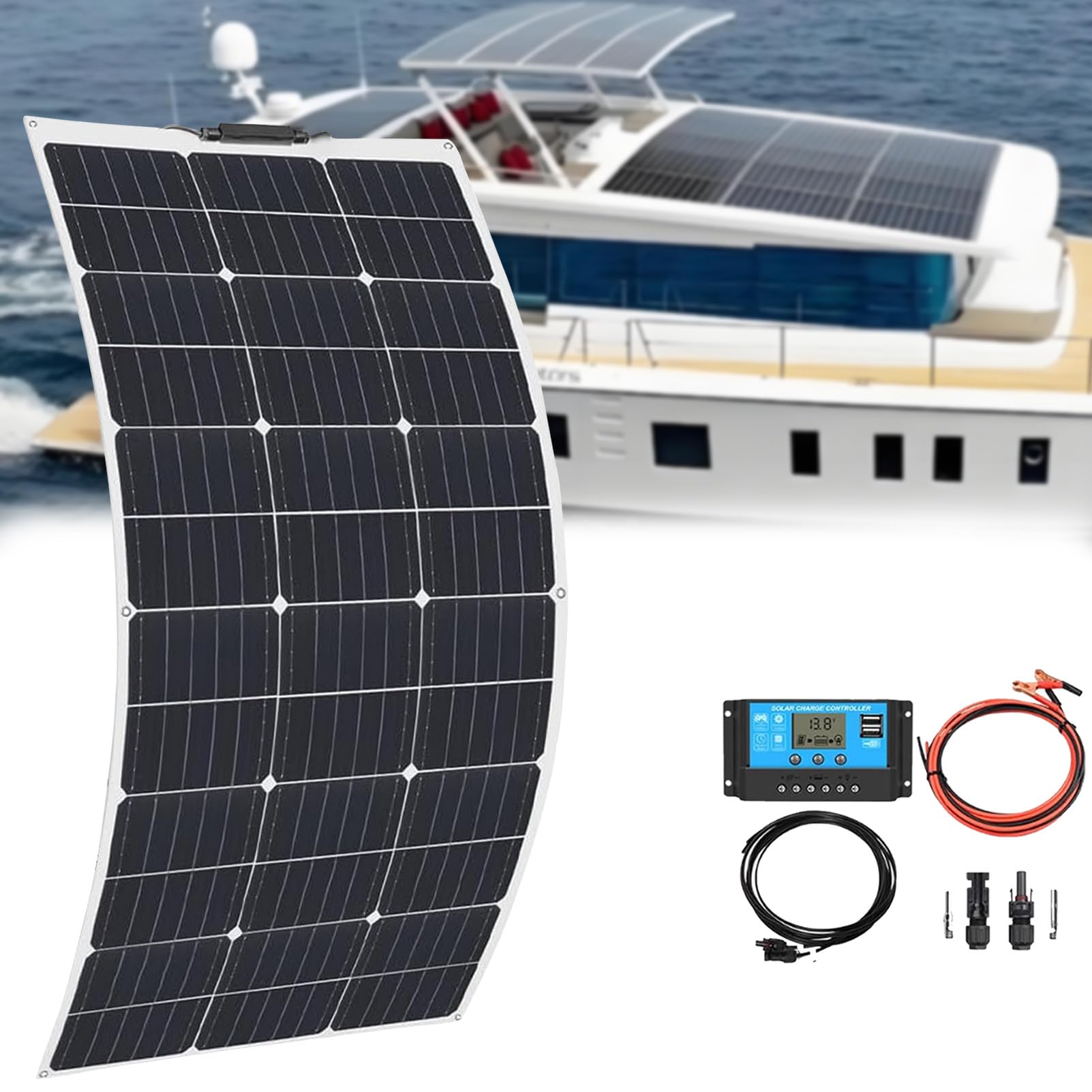 Pannello Solare, Pannelli Solari Monocristallini, Caricabatterie Modulo Monocristallino Ad Alta Efficienza, 300w, per RV, Camper,Auto, Barca, Roulotte,Famiglia. 1×200w