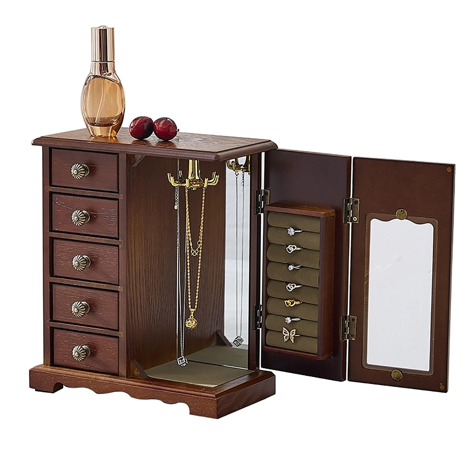 WZFPXIGWE Wooden Jewelry Armoires for Women, Jewelry Organizer With 5 Drawer, Standing Jewelry Box for Necklaces, Earring, Rings(Brown)