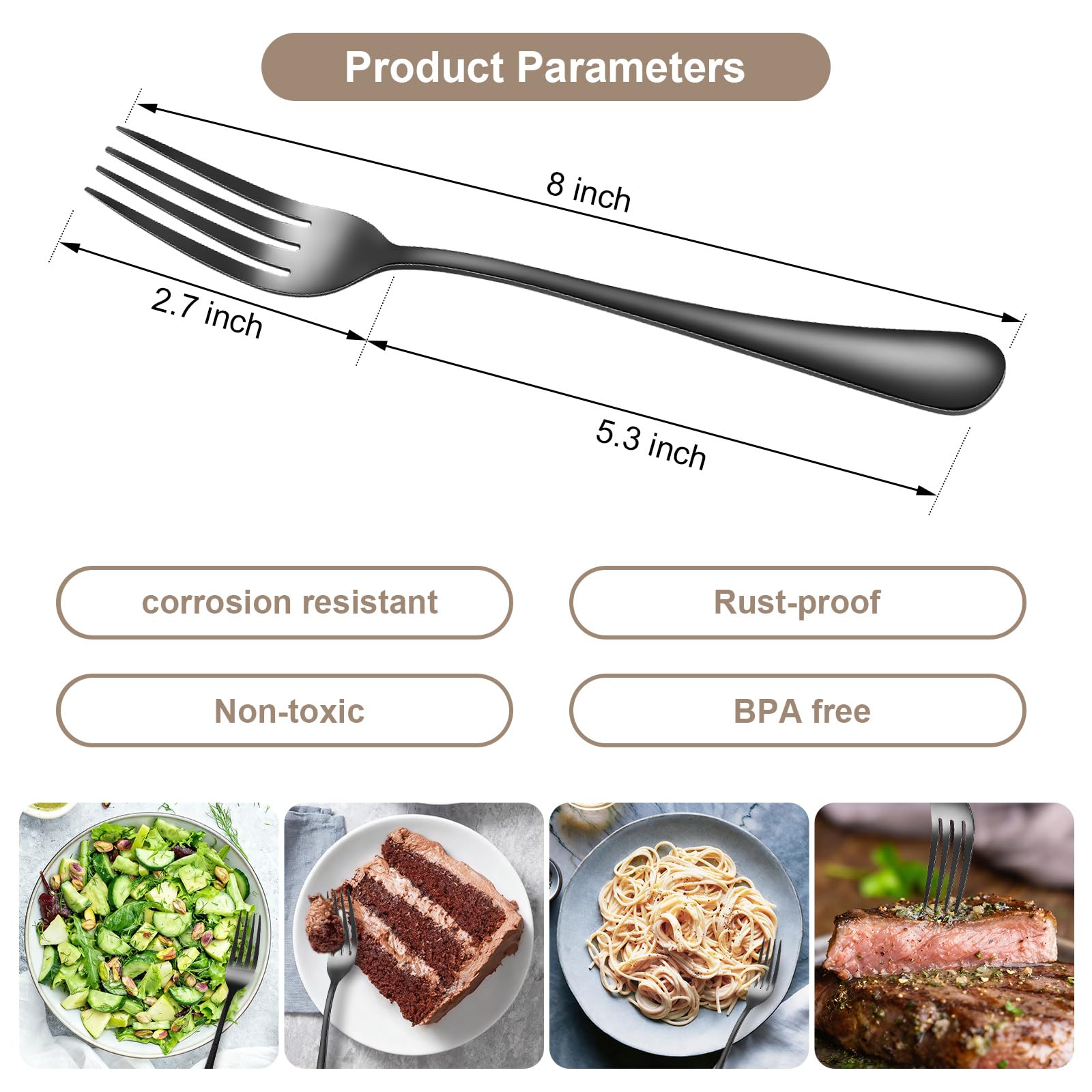 Black forks Food-Grade stainless steel dinner forks 24pcs Dishwasher Safe kitchen forks metal 8inch silverware (8inch dinner forks set (24 Piece)) — Amazon image 4