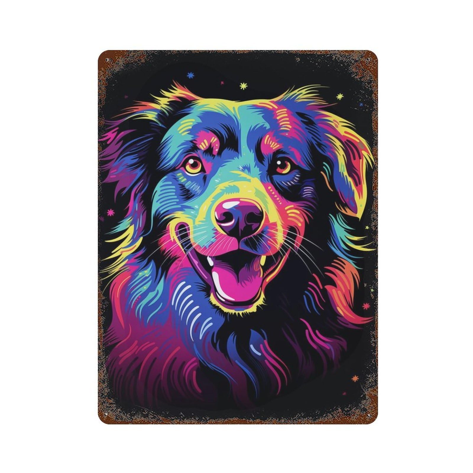 Aged Metal Wall Plaque with Neon Australian Shepherd Design 15.7"x11.8", for Basement, Hobby Room And Garage Decor, Farmhouse Wall Decor