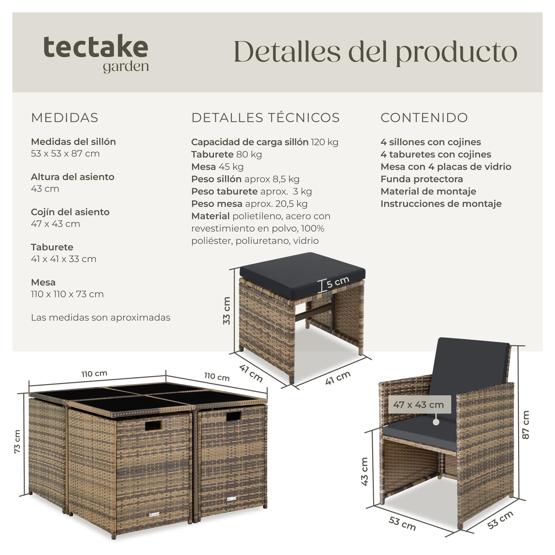 tectake® Conjunto Jardín Exterior de Ratán y Acero, Compacto y Agrupable en Cubo, Muebles Jardín Exterior Resistente a la Intemperie, para 4-8 Personas, Fundas Extraíbles y Funda Protectora - Natural