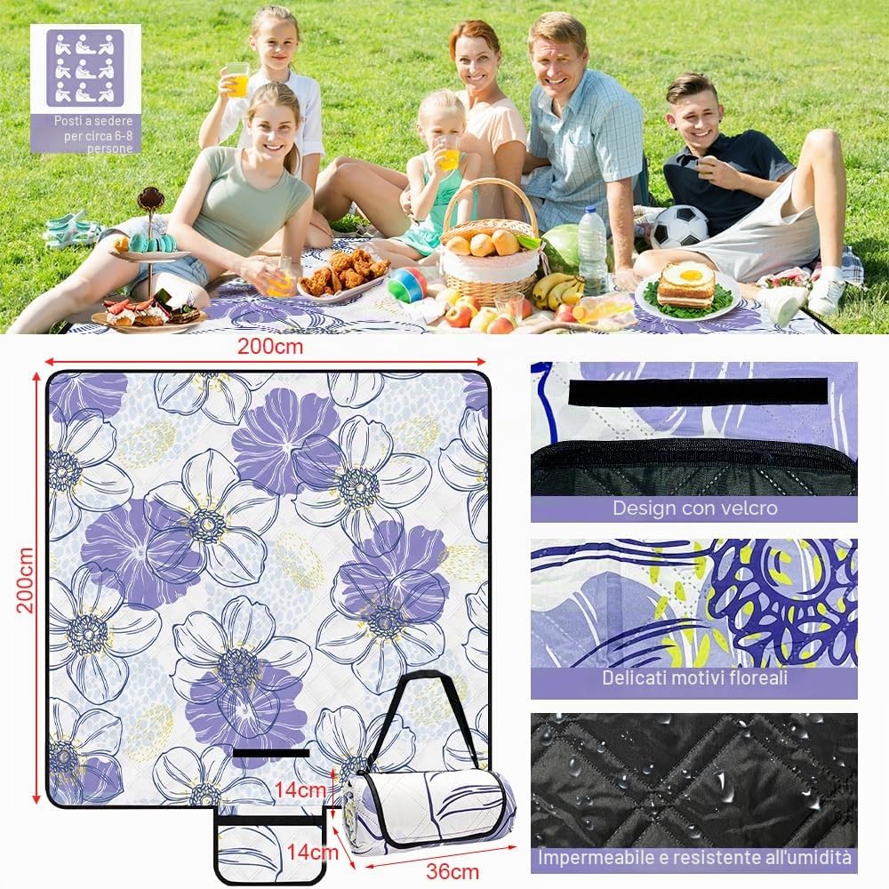Bseical Coperta da Picnic Lavabile - 200 x 200cm Coperta da Spiaggia Impermeabile Senza Sabbia XXL Coperta da Campeggio, Stuoia da Spiaggia Isolata con Maniglia di Trasporto per 4-6 Persone