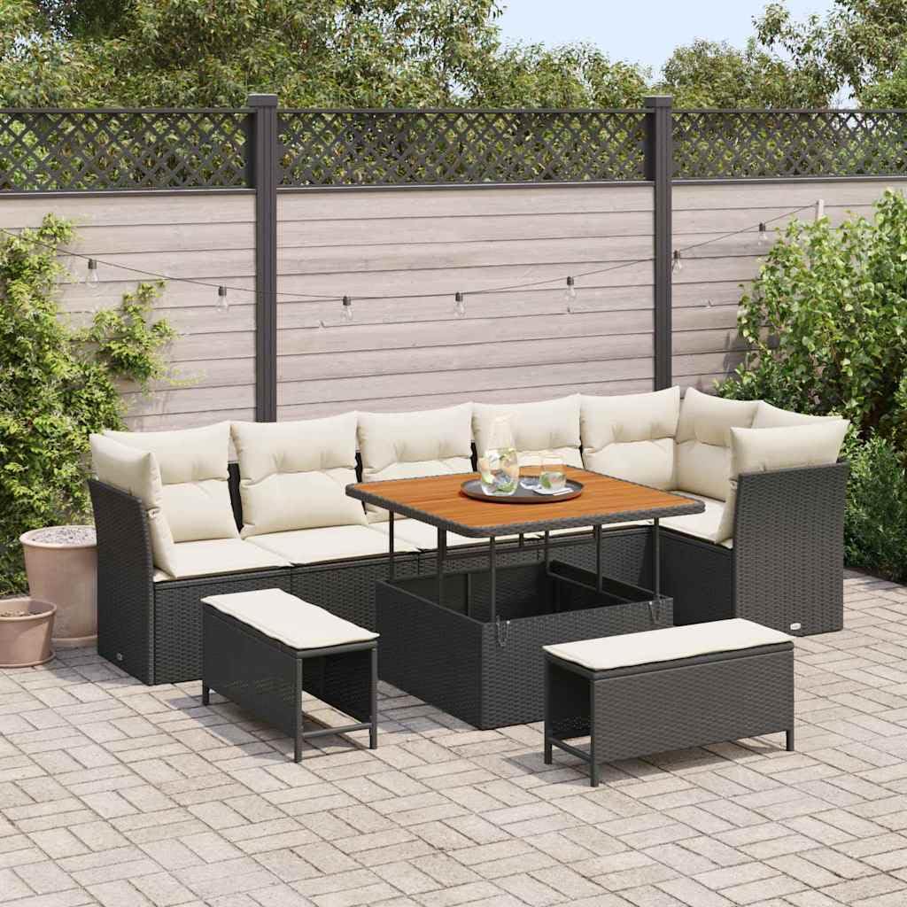 HaoChrymec, sofá de jardín Modular, poliratán, Negro y Crema, 9 Piezas