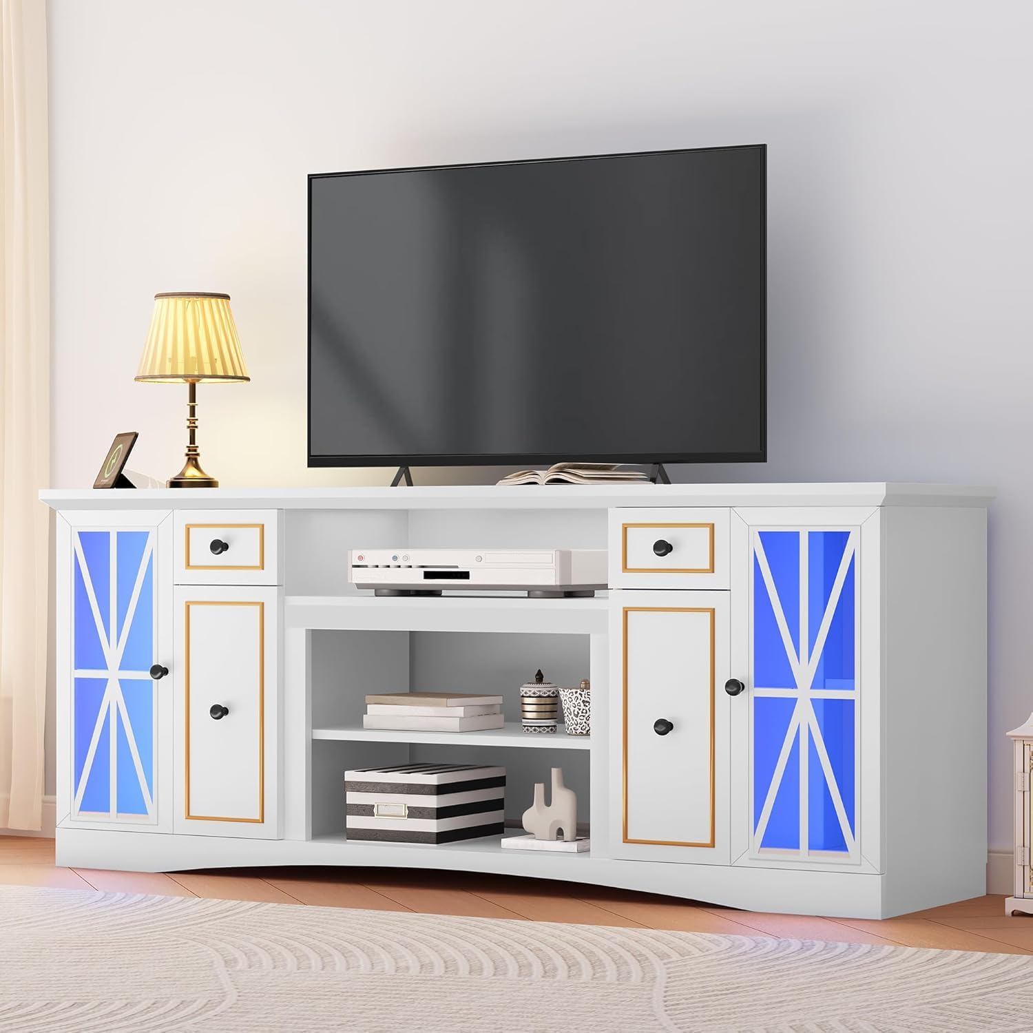 YITAHOME LED Farmhouse TV Stand for 70 Inch TVs, 65" Entertainment Center with Power Outlet, Glass Door, Adjustable Shelves, 2 Drawers, TV Console for Living Room, Snow White