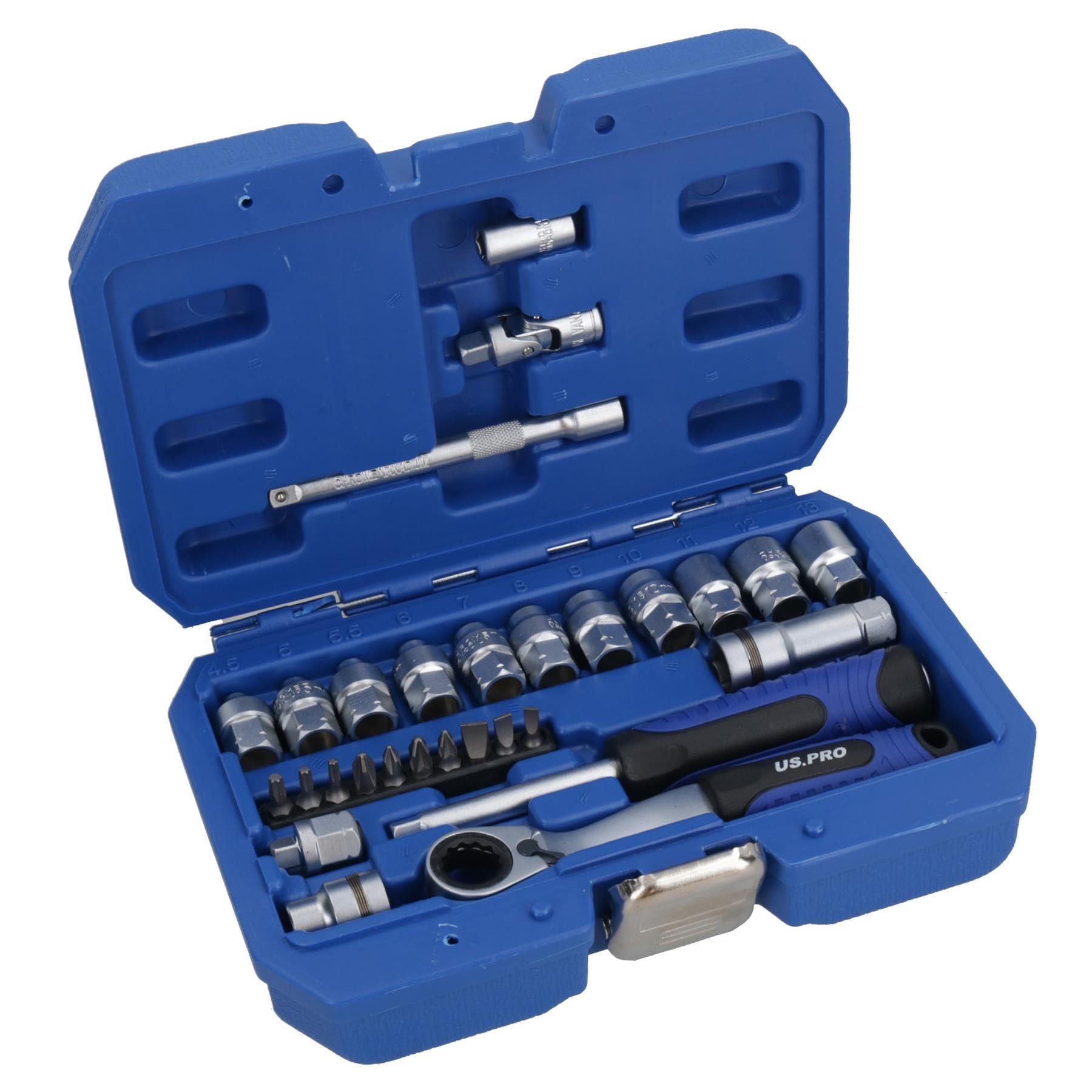 Llave de vaso métrico de paso de 1/4 pulgadas + juego de accesorios 4,5-13 mm, 29 piezas