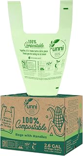 UNNI Compostable Bags with Handles, 2.6 Gallon, 9.84 Liter, 50 Count, 0.68 Mil, Samll Kitchen Food Scrap Waste Bags, T-Shirt Bags, ASTM D6400, US BPI & Europe OK Compost Home Certified, San Francisco