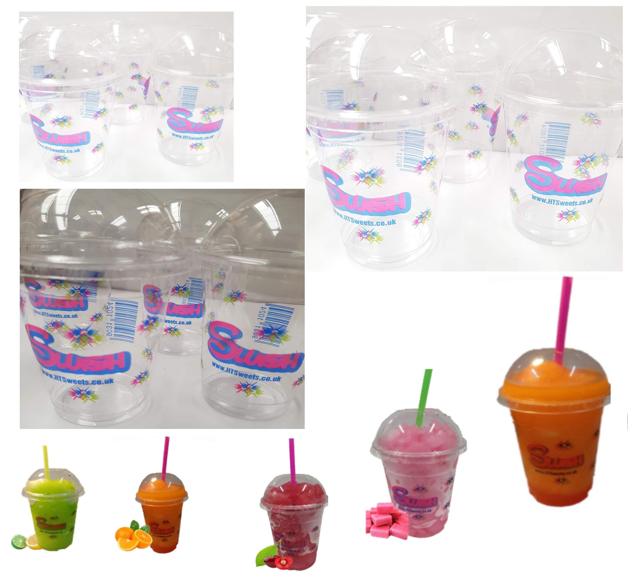 SUMTASA - Printed 'HT Sweets Slush' Strong Plastic Cups + Lids - 7 oz, 10 oz, 12 oz, 16 oz - Smoothies, Milkshakes, & Slush, Juices - Recyclable, Hand Washable & Reusable (1000, 10oz Printed + Lids)