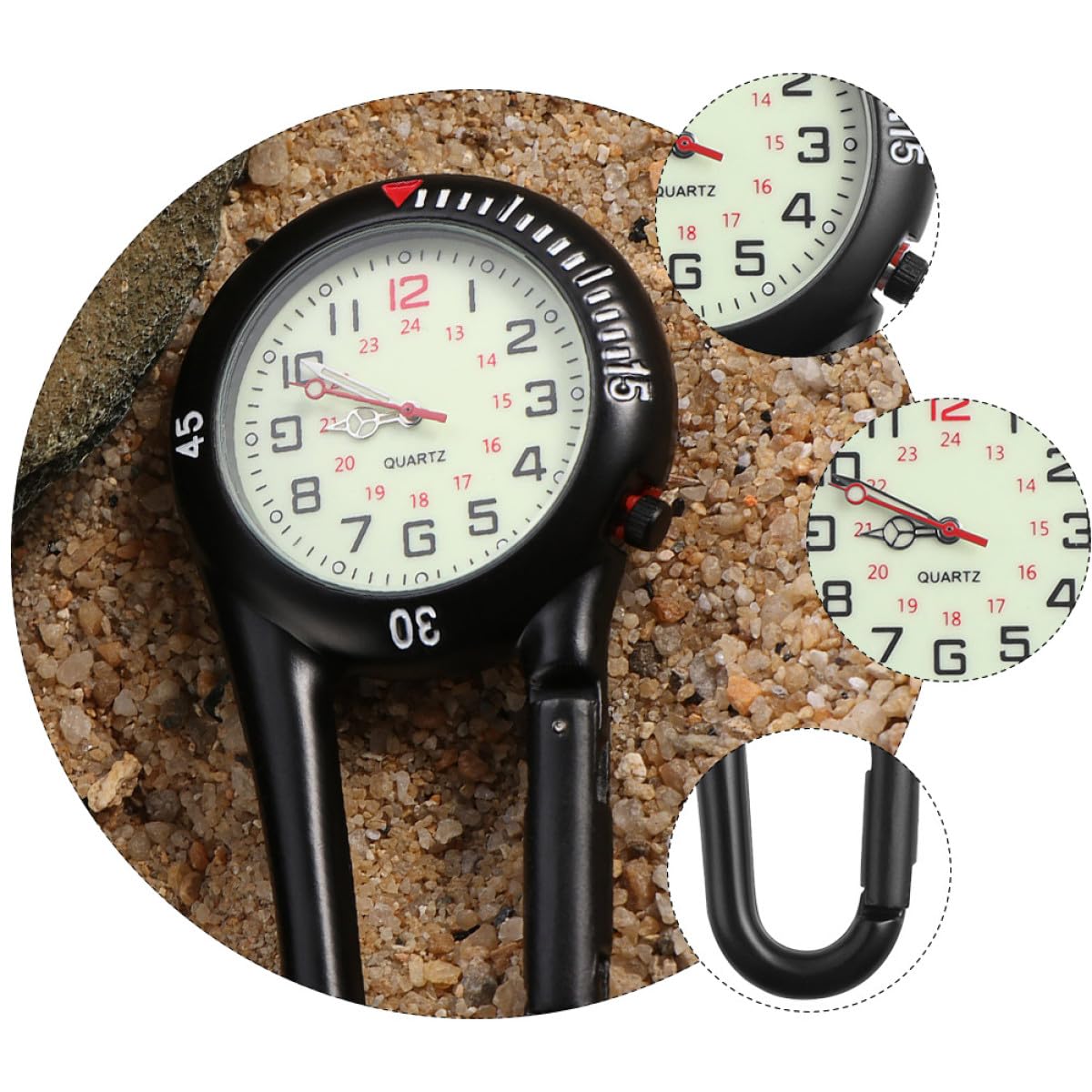 SOLUSTRE Clip On Quarzuhr mit Fluoreszierendem Zifferblatt Federbelasteter Karabiner Kompakte Gürteltaschenuhr für Damen und Herren Outdoor Rucksackbefestigung Präzise Zeitanzeige