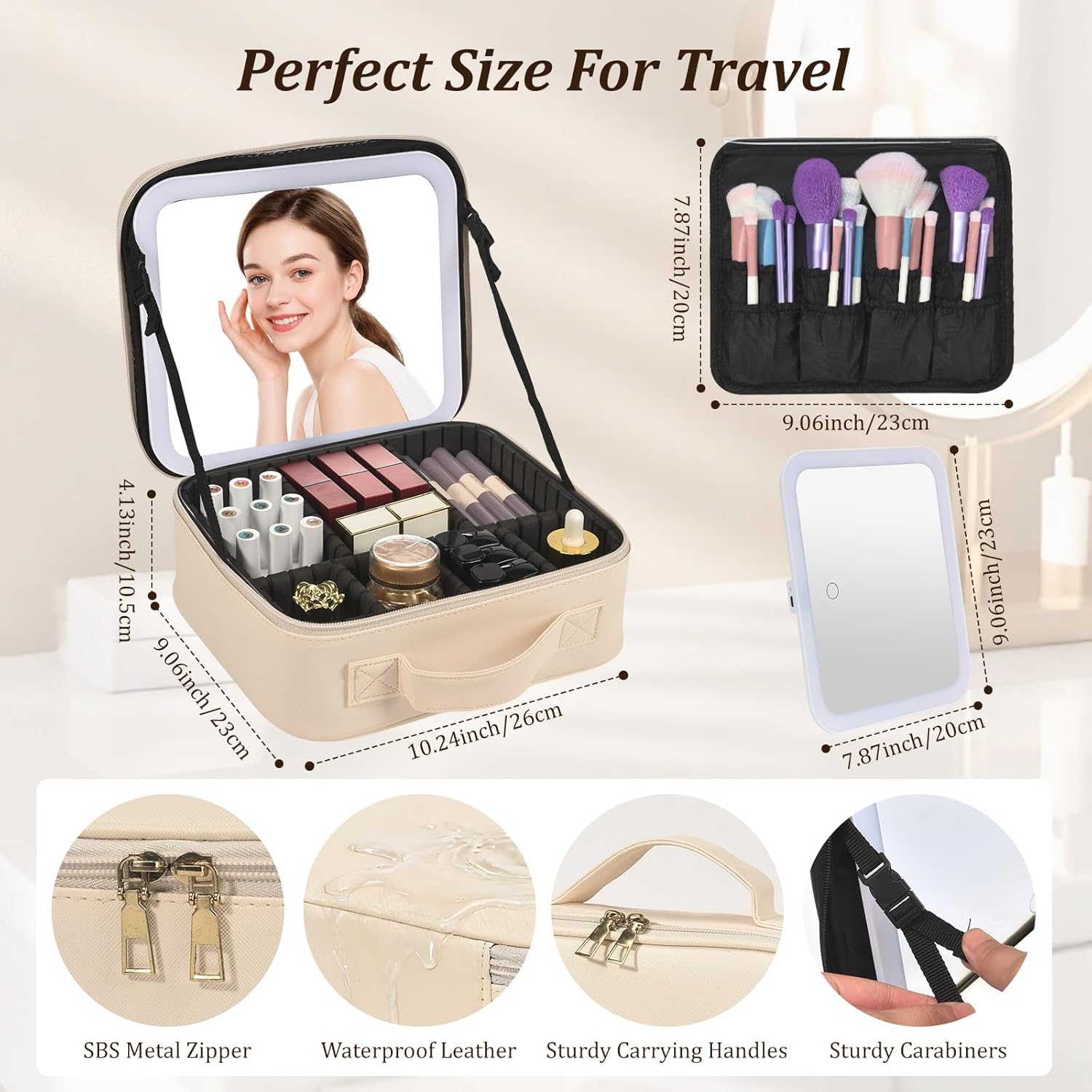 Travel Makeup Bag, Portable Makeup Case with LED Mirror, Removable Mirror with 3 Color Modes, 8 Adjustable EVA Dividers for Brushes Toiletry Jewelry Digital Accessories, Off White