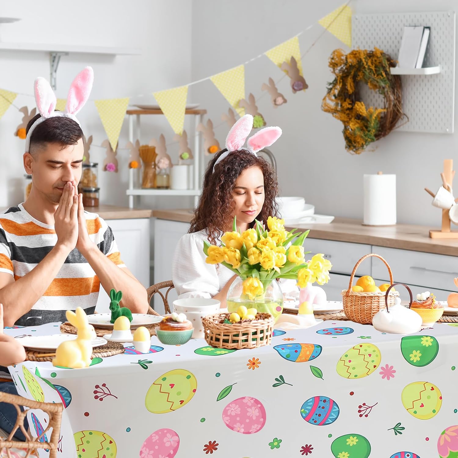 Oudain 2 Pcs Easter Stretch Table Cover 6 Feet Easter Spandex Table Clothes Egg Theme Party Decorations for Holiday Party Celebration Picnic Dinner Decor