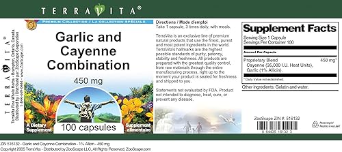 Miniatura 3 de TerraVita Combinación de Ajo y Cayena - 1% Alicina - 450 mg (100 Cápsulas, ZIN 516132)