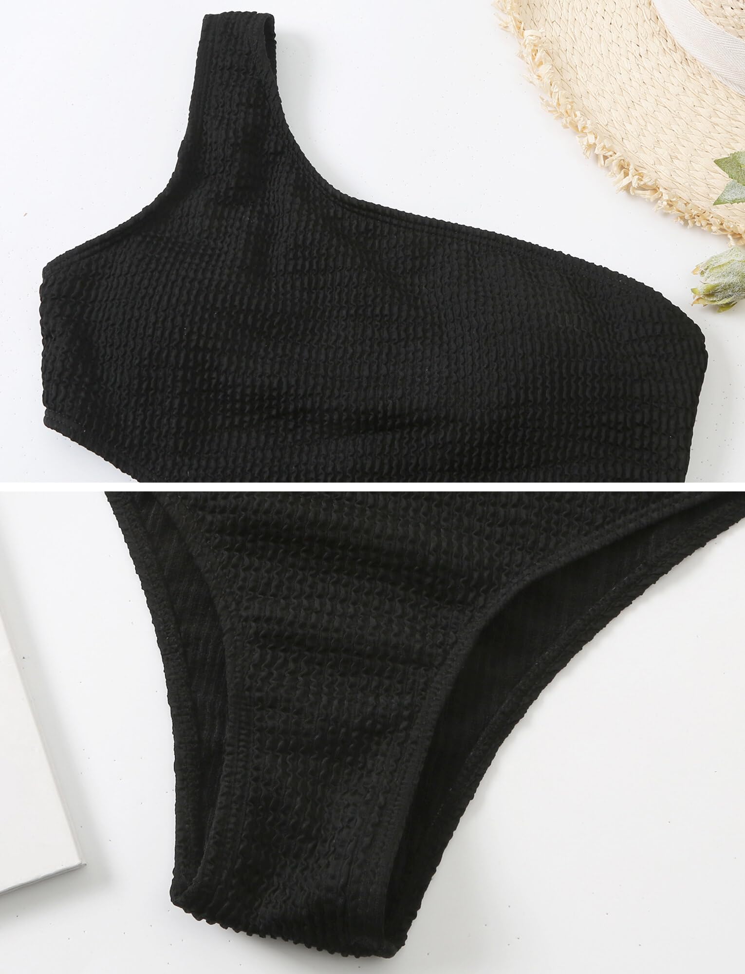 FEOYA Einteiliger Badeanzug Damen Cut Out One Shoulder Bademode Gerippt Monokini Bauch Kontrolle Badeanzüge Push Up