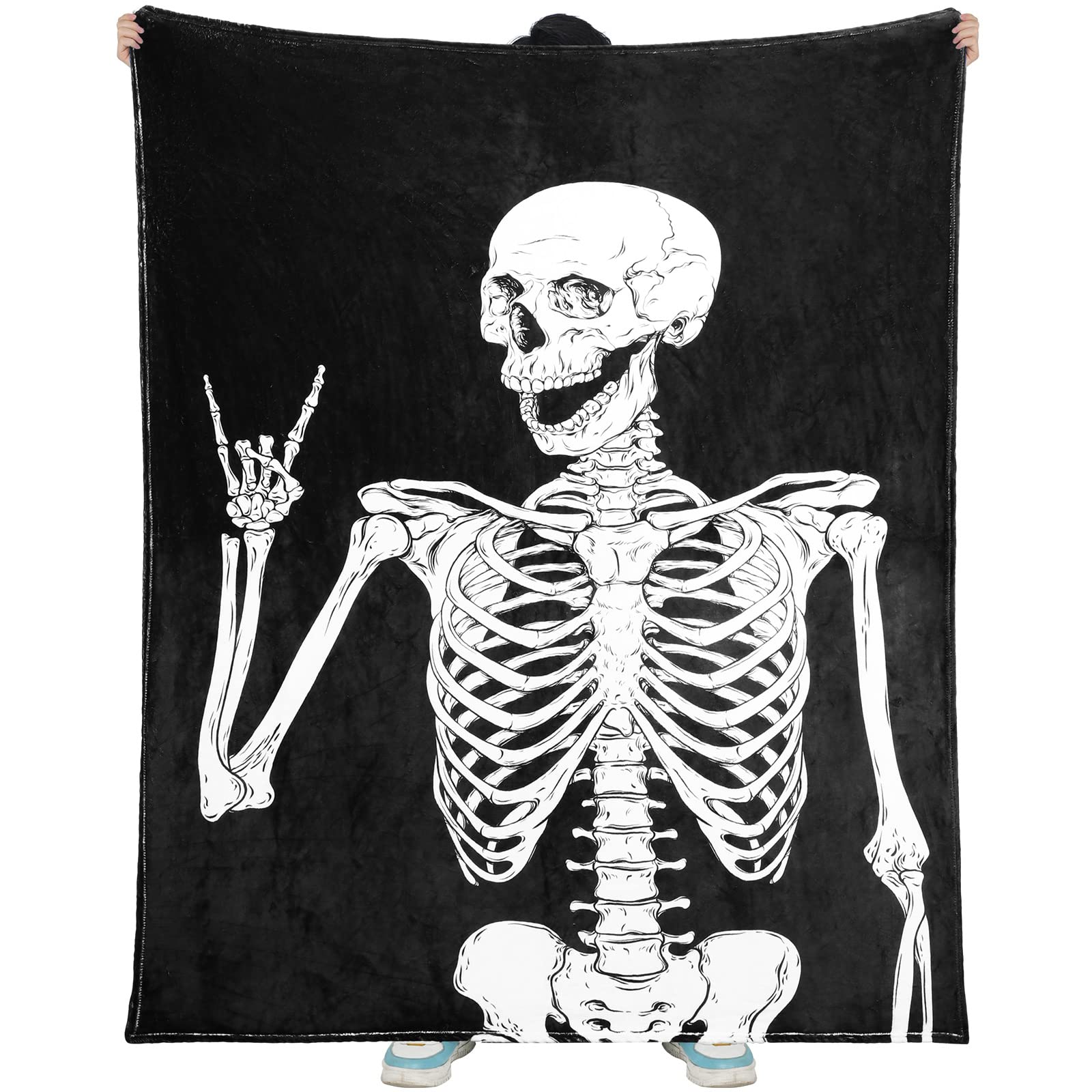 WILLBOND Halloween Rock and Roll Skull Blanket Skull Throw Blankets 60 x 50 Inches Goth Blanket Music Flannel Soft Skulls Decor Black White Skeleton Gifts for Home Bed Sofa Couch Decor