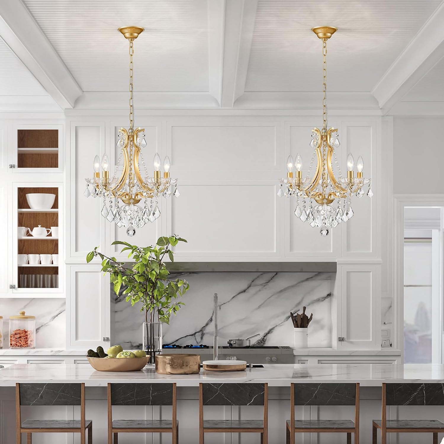 WUZUPS 5-Light Crystal Candle Chandelier Pendant Ceiling Light Modern Lighting Fixture for Bedroom Hallway Bar Kitchen Bathroom, H 19" W 16.6", E12 Base, Gold