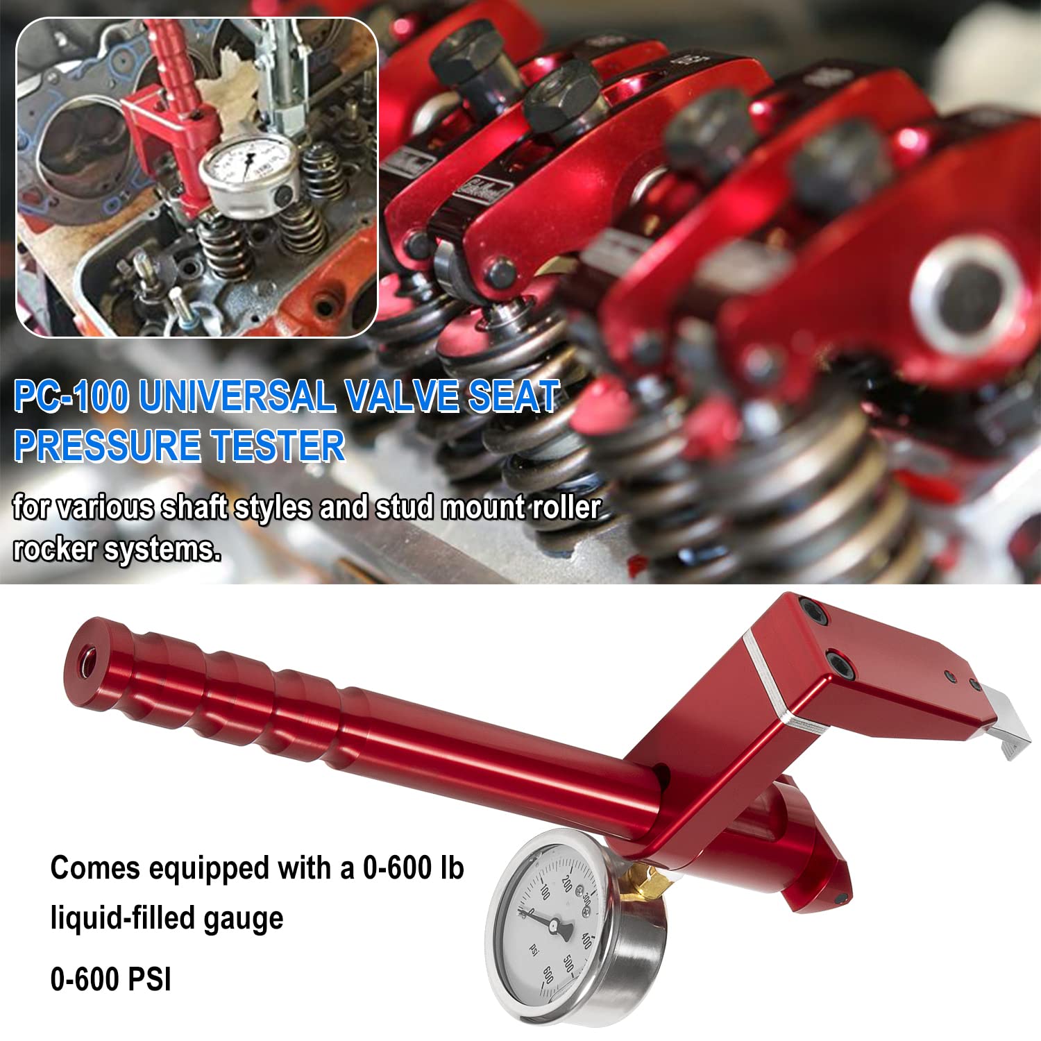 Hihitomorrow PC-100 Universal Valve Seat Pressure Tester Checker Adjustable On-Head Valve Spring Pressure Tester Gauge - 0-600 PSI