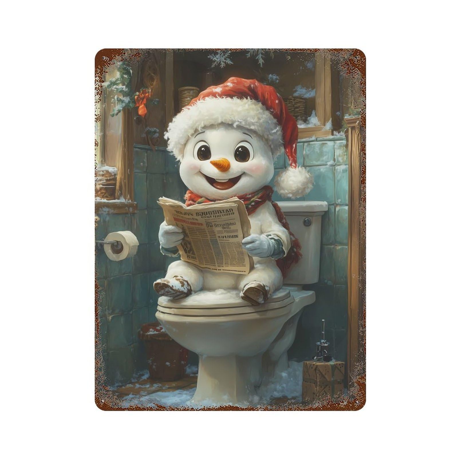 Snowman Reading on Toilet Rusty Metal Tin Sign 15.7"x11.8", Industrial Home Decor for Garage, Pub Or Kitchen