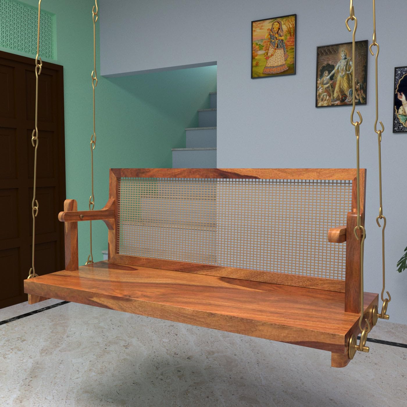 Jairi Traders Wooden Swing (4ftx2ft) Solid Wooden Hanging with Hand Rest and Back Support Jhula Wooden Swing (with Stainless Steel Accessories) Reversible Cane Back-image-48