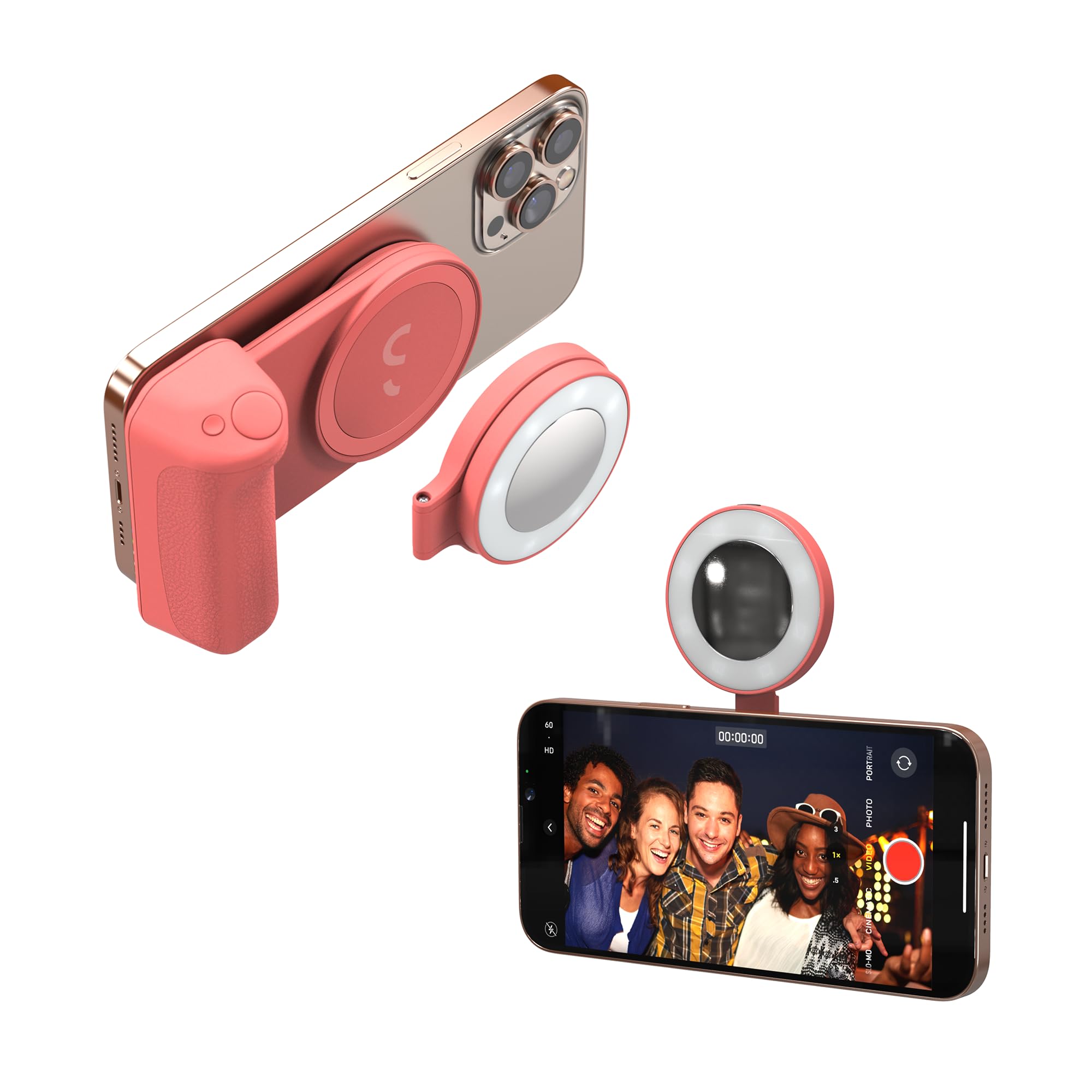 ShiftCam SnapLight lampa pierścieniowa LED do selfie z czterema ustawieniami jasności i wbudowaną baterią, magnetyczne mocowanie zatrzaskuje się na dowolnym telefonie, odchylana konstrukcja, różowa