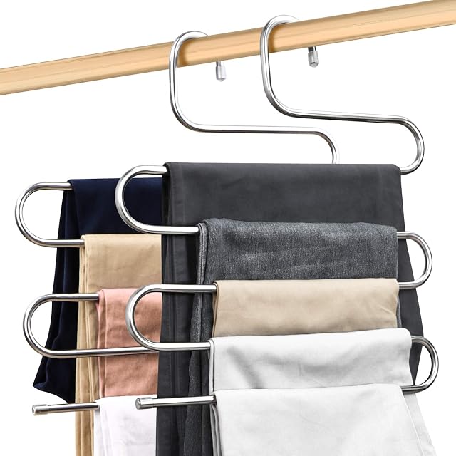 ZriEy S-Shape Stainless Steel Trousers Pants Hangers 5 Layers Closet Hangers Space Save Storage Hangers Organizer Rock for Pants Trousers Scarf Tie Clothes Towel Hanging (2PCS)