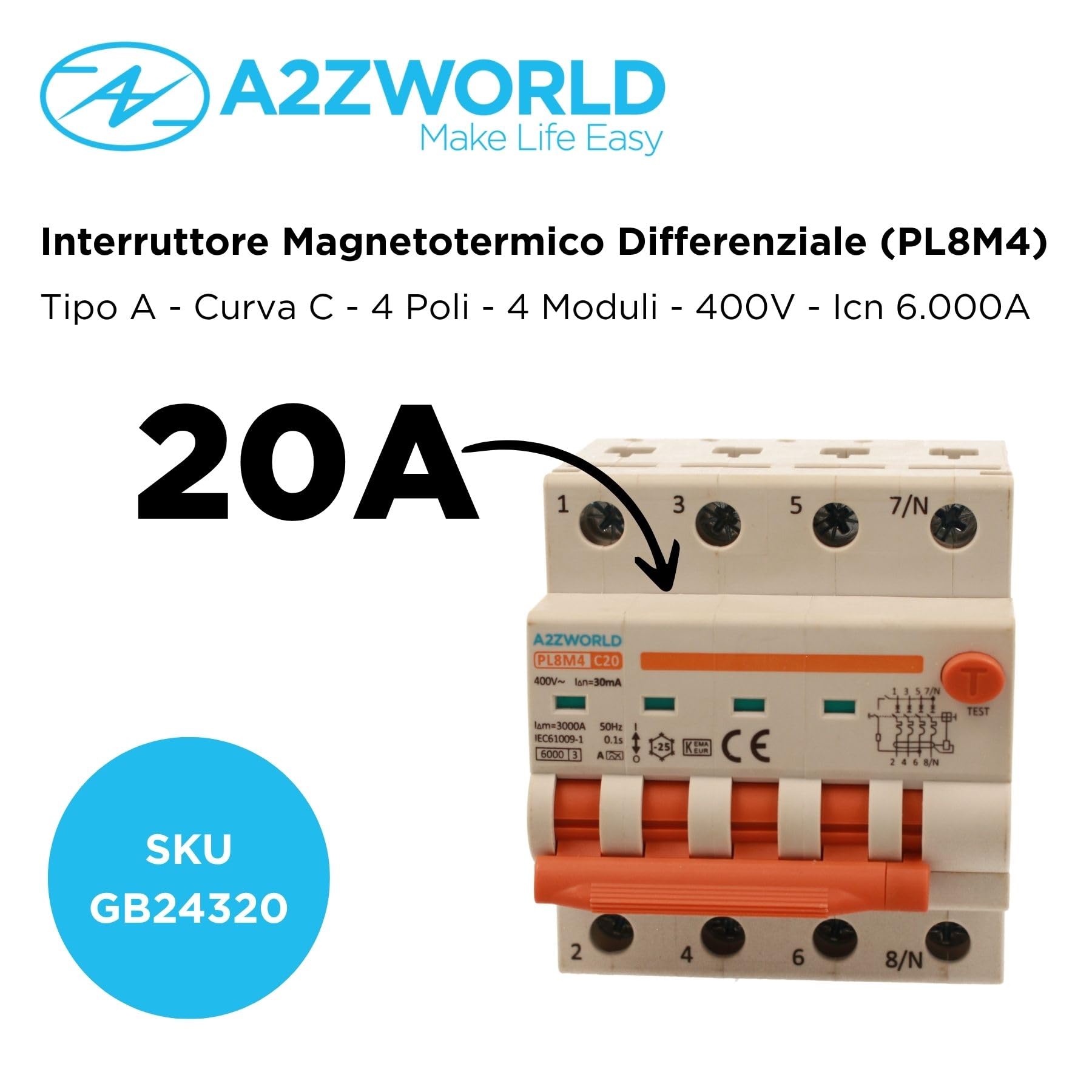 Interruptor diferencial magnetotérmico trifásico 380 V tipo A 20 A C20, 4P real (NO 3P + N), curva C 6 kA 30 mA, doble palanca con diagnóstico visual, 4 módulos DIN, serie PL8M4