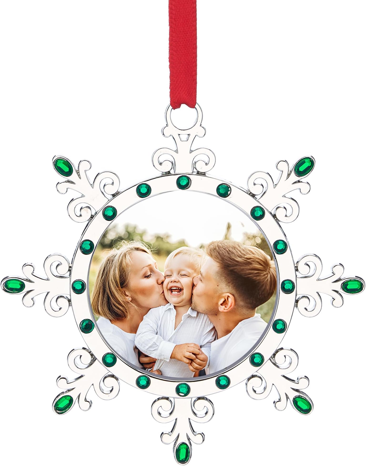 Joiedomi Christmas Photo Ornament, Snowflake Tree Decoration Photo Frame Family Ornaments with Green Gems for Christmas Decorations, House warmings
