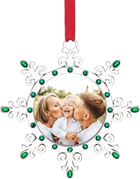Joiedomi Christmas Photo Ornament, Snowflake Tree Decoration Photo Frame Family Ornaments with Green Gems for Christmas Decorations, House warmings
