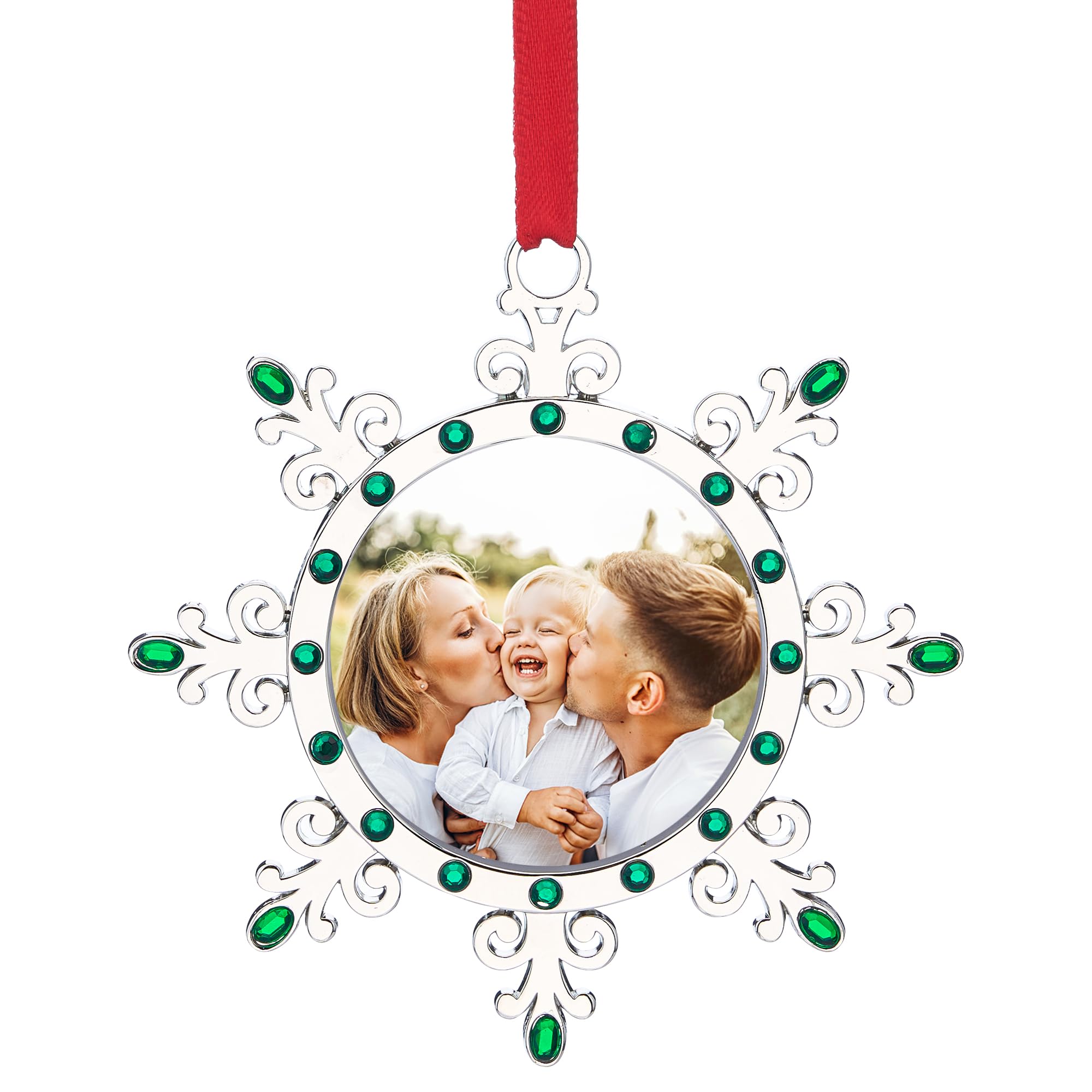 Joiedomi Christmas Photo Ornament, Snowflake Tree Decoration Photo Frame Family Ornaments with Green Gems for Christmas Decorations, House warmings