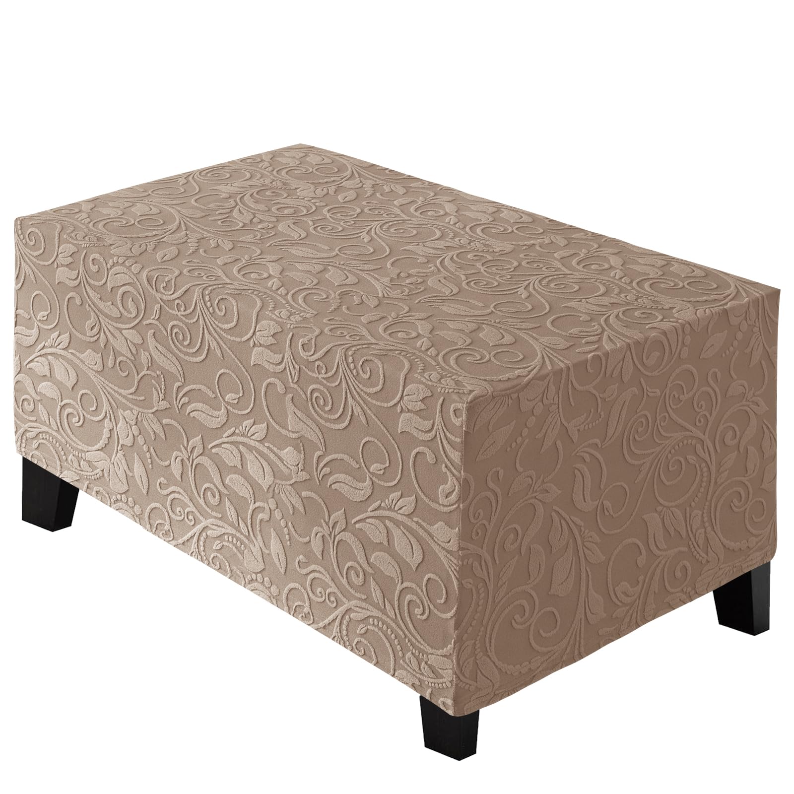 Stretch Ottoman Cover, Footstool Cover, Jacquard Foot Stool Cover Removable Washable Stretch Pouffe Cover Anti-Slip Dustproof Ottoman Slipcover (Khaki, X Large (84x97cm))
