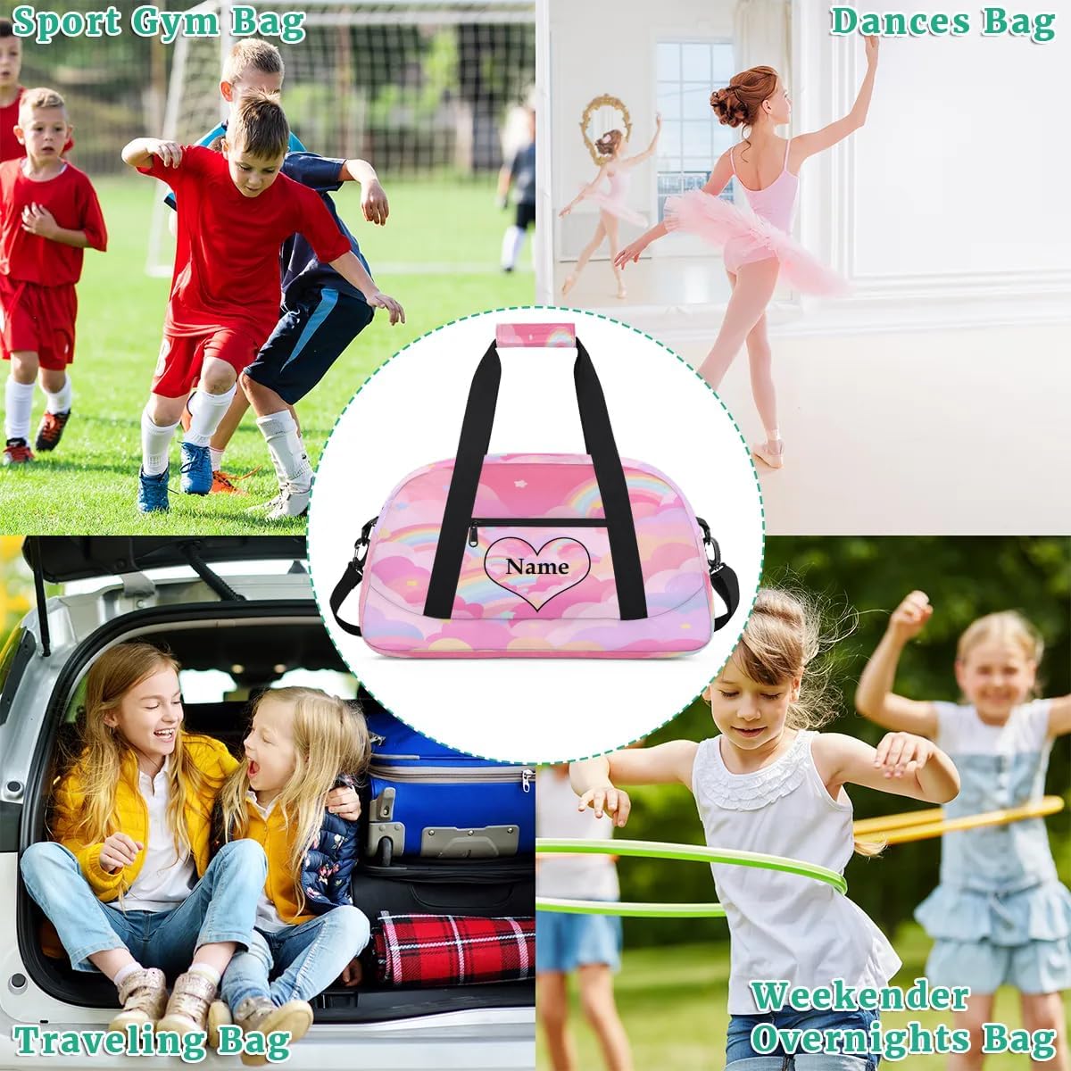 Cute Pink Personalized Duffle Bag for Kids Custom Dance Ballet Bag with Name Lightweight Travel Weekender Overnight Bags Sport Gym Duffel Bags Workout Carry On Tote Bag for Girls Boys