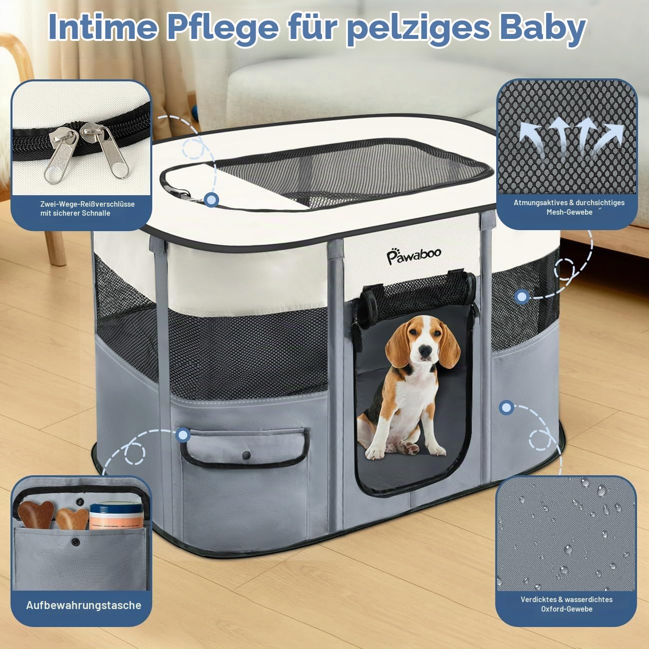 Pawaboo Tragbarer Hunde-Laufstall aus 600D Oxford-Gewebe, Grau