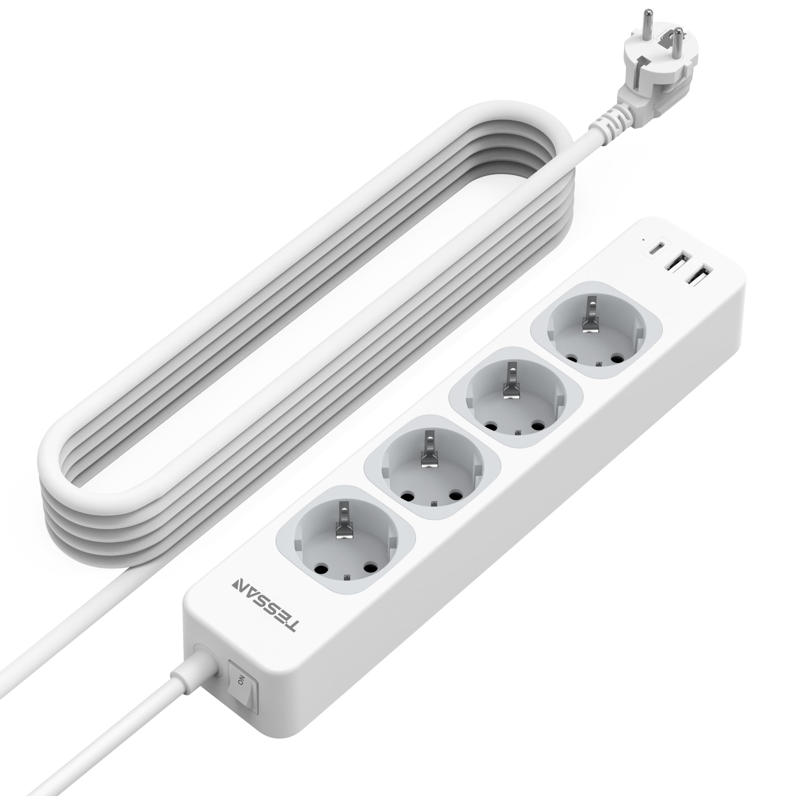 TESSAN 4 Fach Mehrfachsteckdose mit Verlängerungskabel 5M, Steckdosenleiste mit 1 USB C und 2 USB A, Mehrfachstecker mit Schalter, 2500W Verteilersteckdose Steckerleiste, Grau