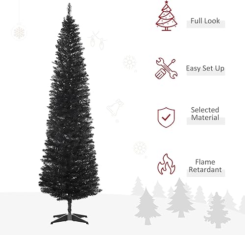Vista 3 de HOMCOM Árbol de Navidad artificial de 7 pies, árbol de Navidad estrecho con 499 puntas de rama realistas y soporte de plástico, negro