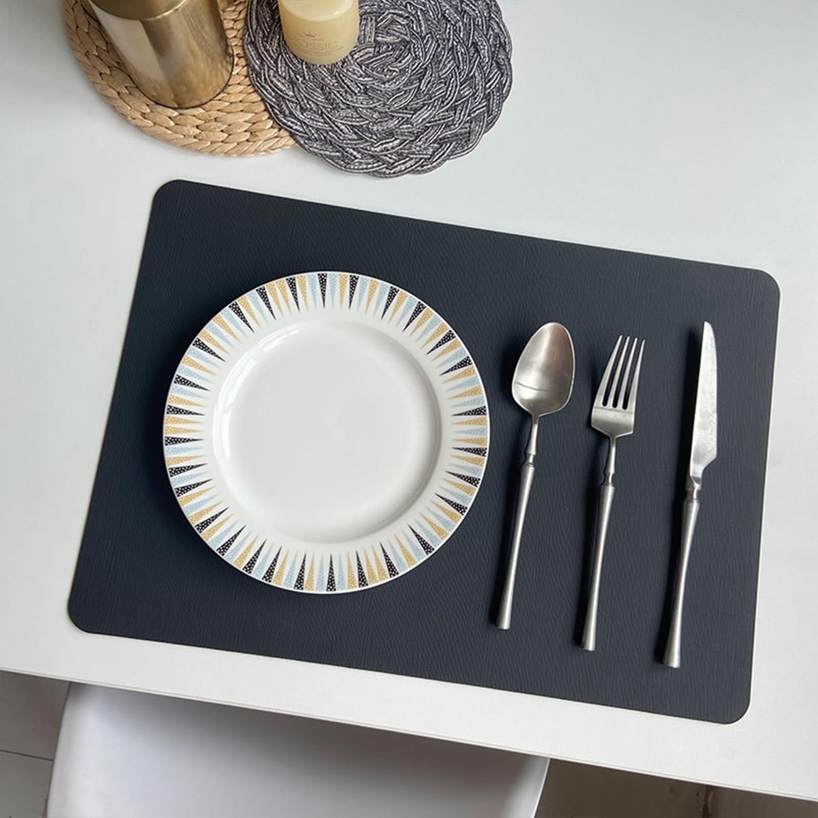 Platzdeckchen 6 Stück, Rechteckige Platzsets Leder Schwarz Platzmatten Abwaschbar 30x43cm