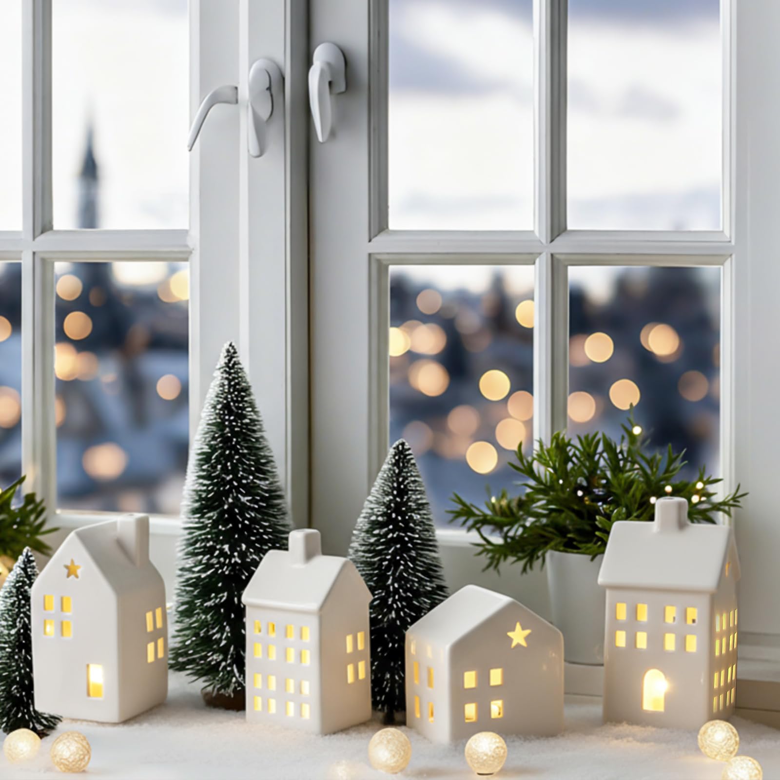 Newtay Juego de 7 piezas de cerámica de pueblo de Navidad, 4 luces LED, casas de pueblo de cerámica blanca con 3 árboles de Navidad, figuras de Navidad para casa de campo, rústico, interior, mantel