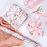 Vista 2 de BIOBROWN Rollo de papel de regalo floral reversible 17 pulgadas x 33 pies (47 pies cuadrados total) con diseño de rosas de acuarela rosa