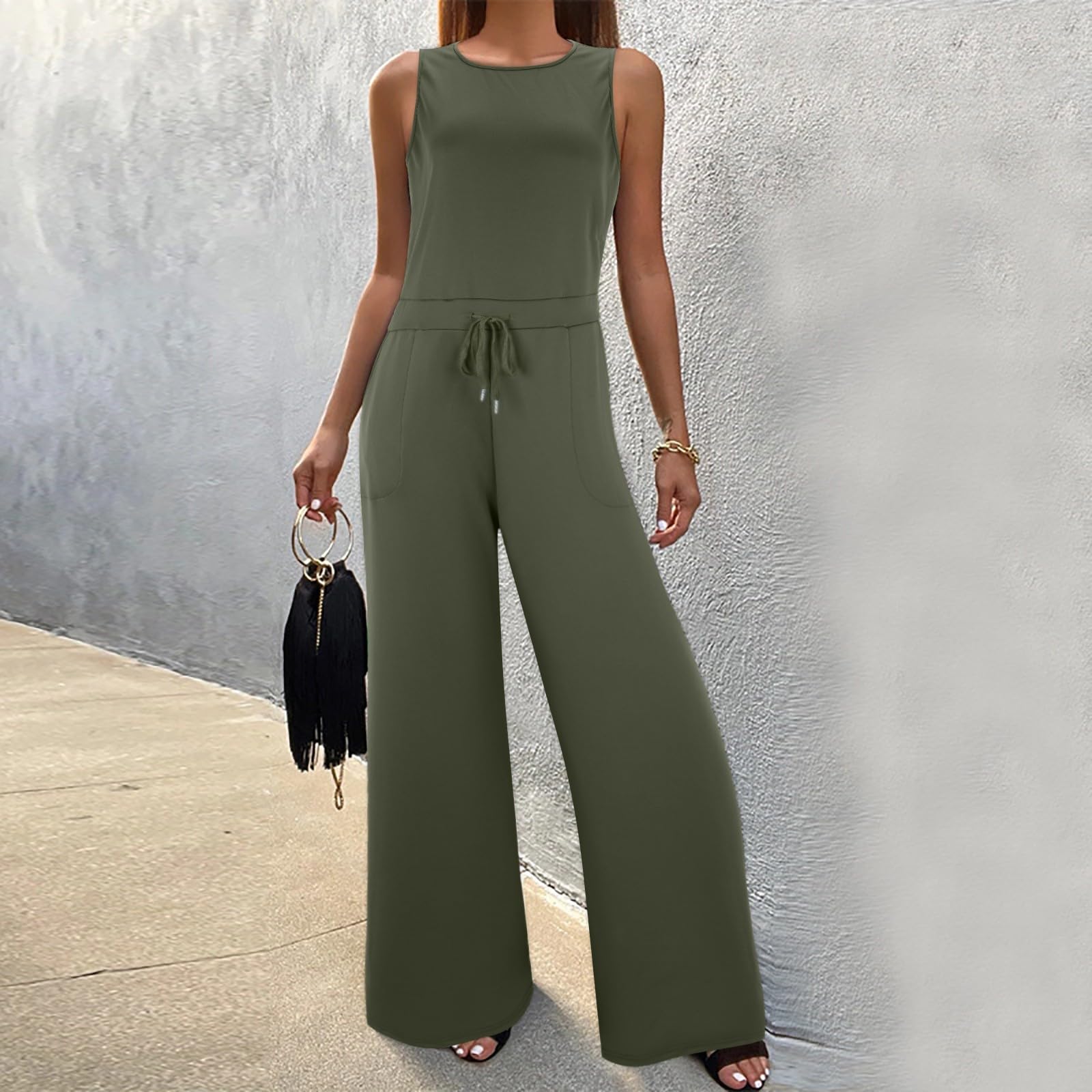 Combishort Femme Ete, Jumpsuit Soid Summer Button Lace Up Short Sleeve Light Rip Straight Jumpsuit Vest Long Pants